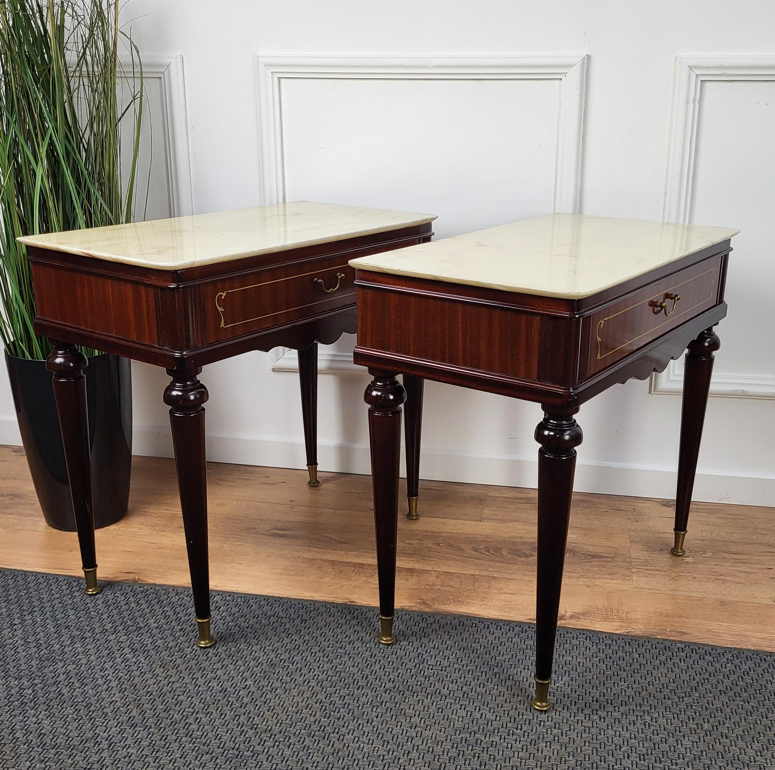 Pair of Italian Brass Marble Mid-Century Art Deco Night Stands Bed Side Tables For Sale 4