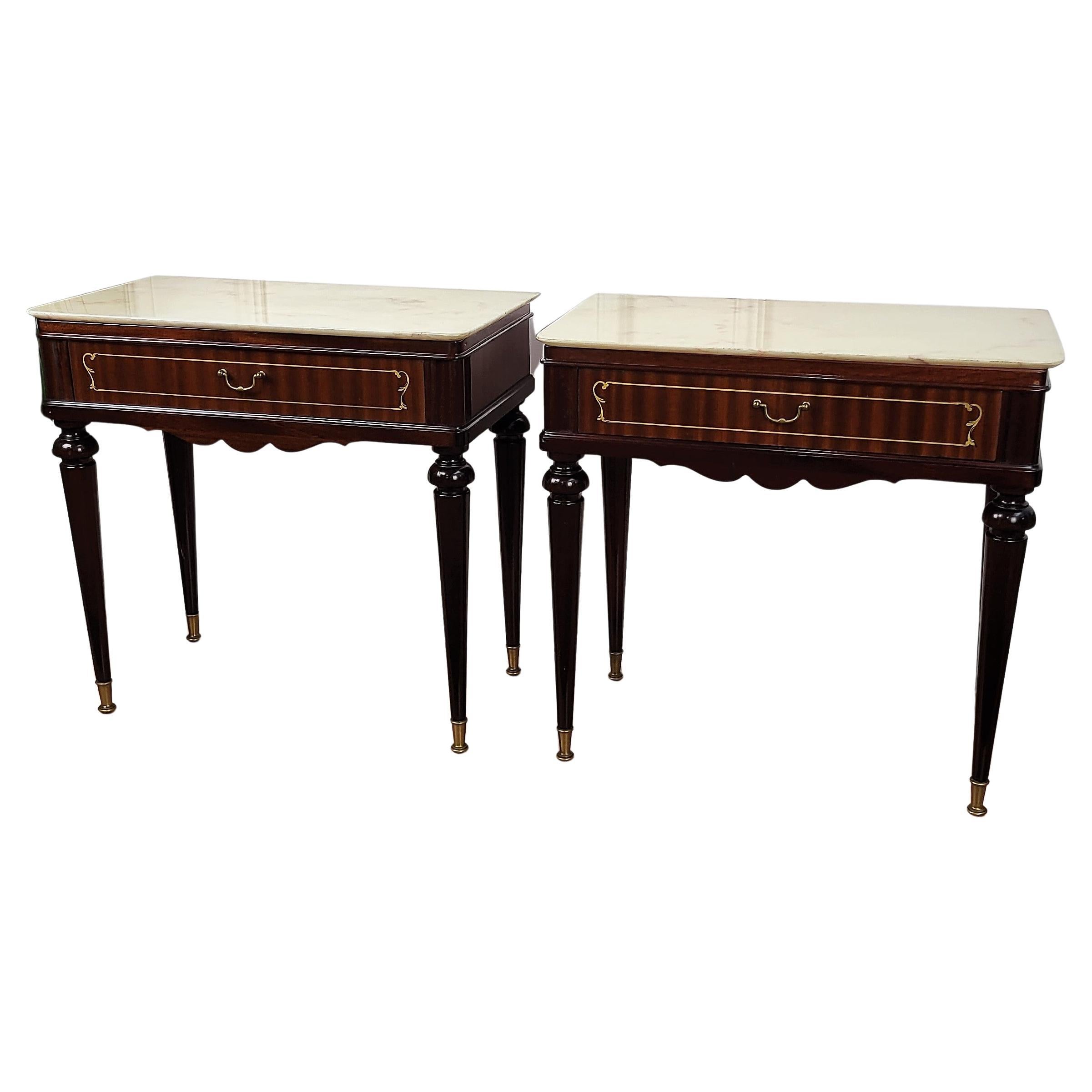 Pair of Italian Brass Marble Mid-Century Art Deco Night Stands Bed Side Tables