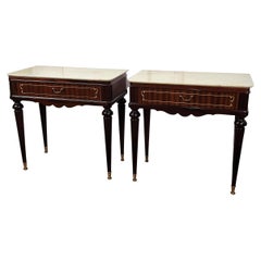 Retro Pair of Italian Brass Marble Mid-Century Art Deco Night Stands Bed Side Tables