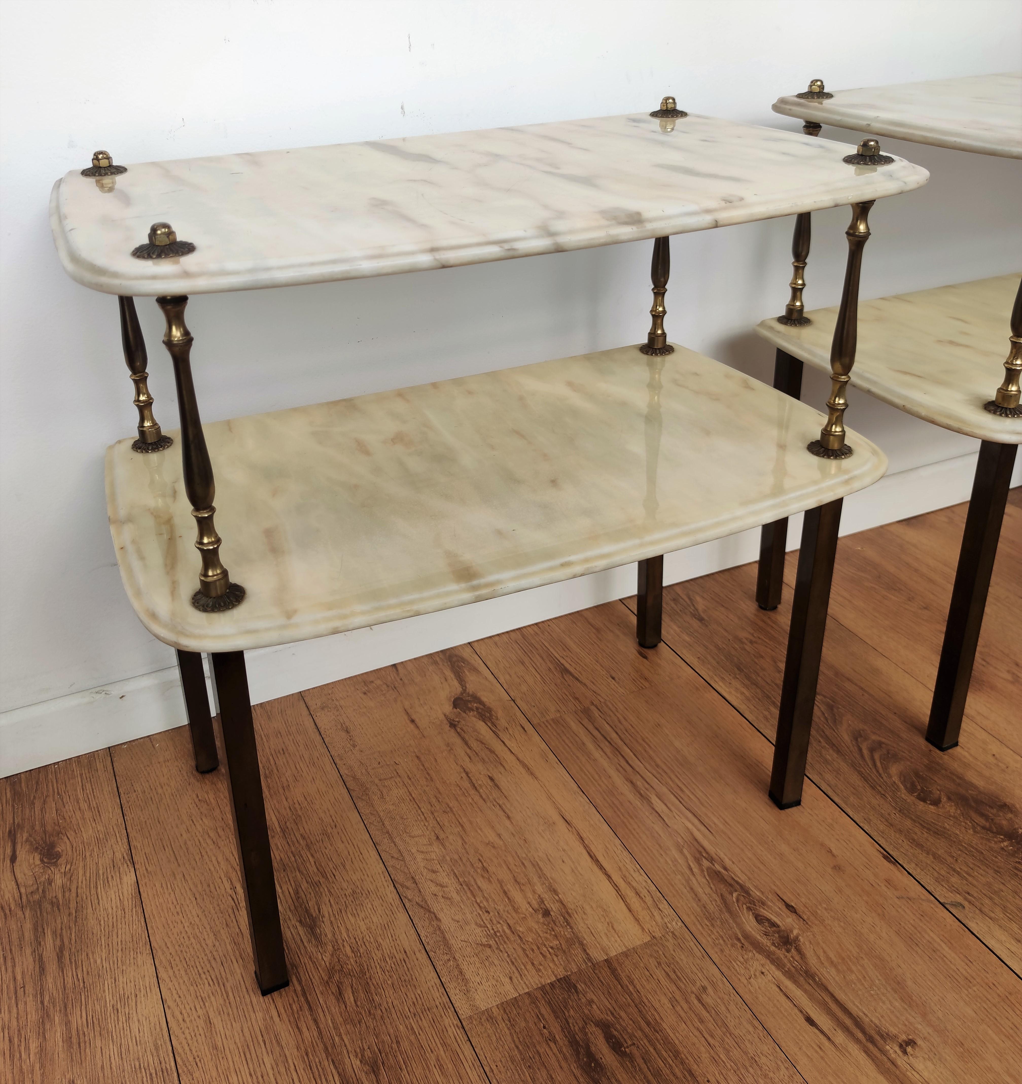 20th Century Pair of Italian Brass Marble Midcentury Art Deco Nightstands Bed Side End Tables