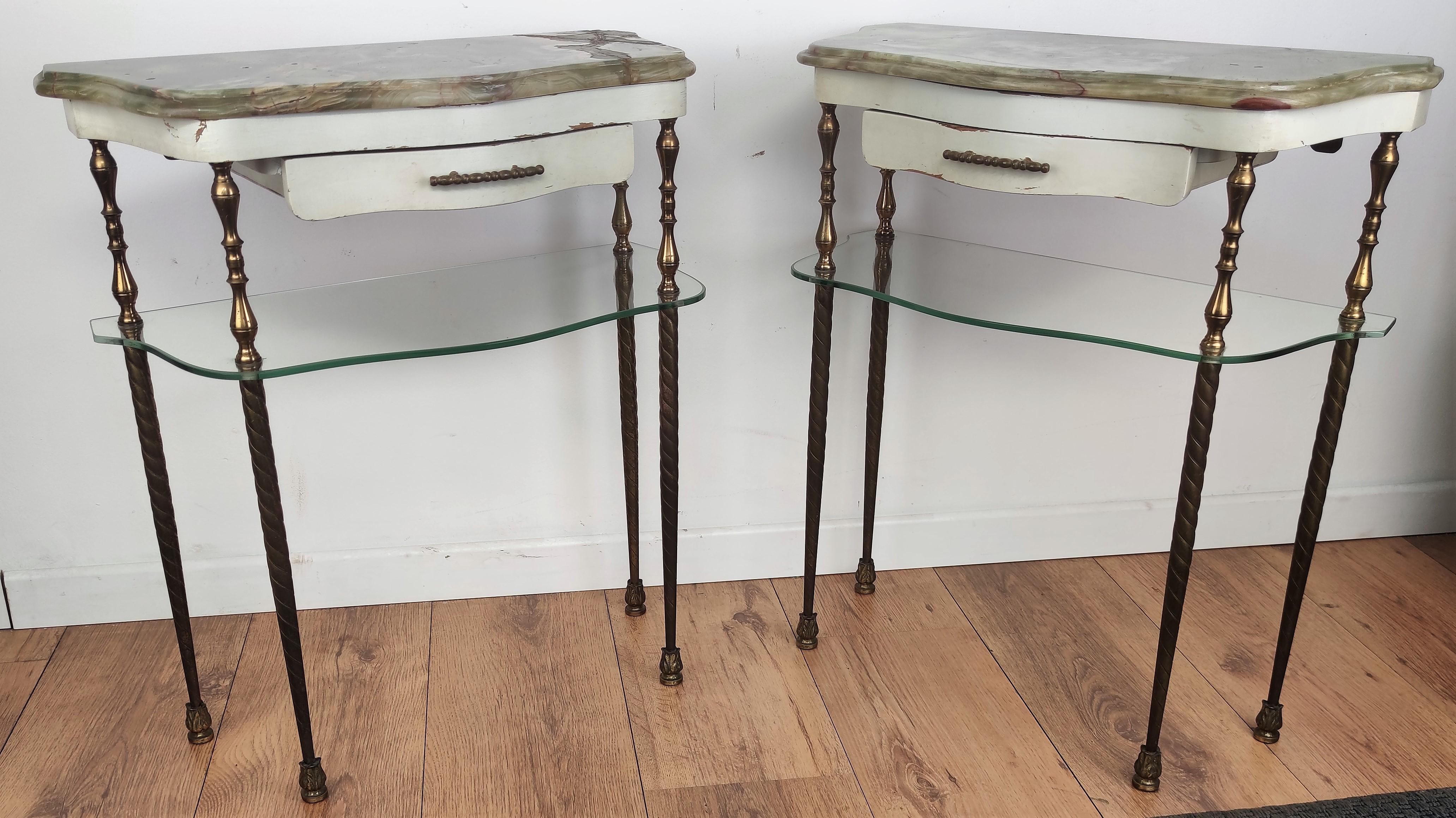 20th Century Pair of Italian Brass Marble Midcentury Art Deco Nightstands Bed Side End Tables For Sale