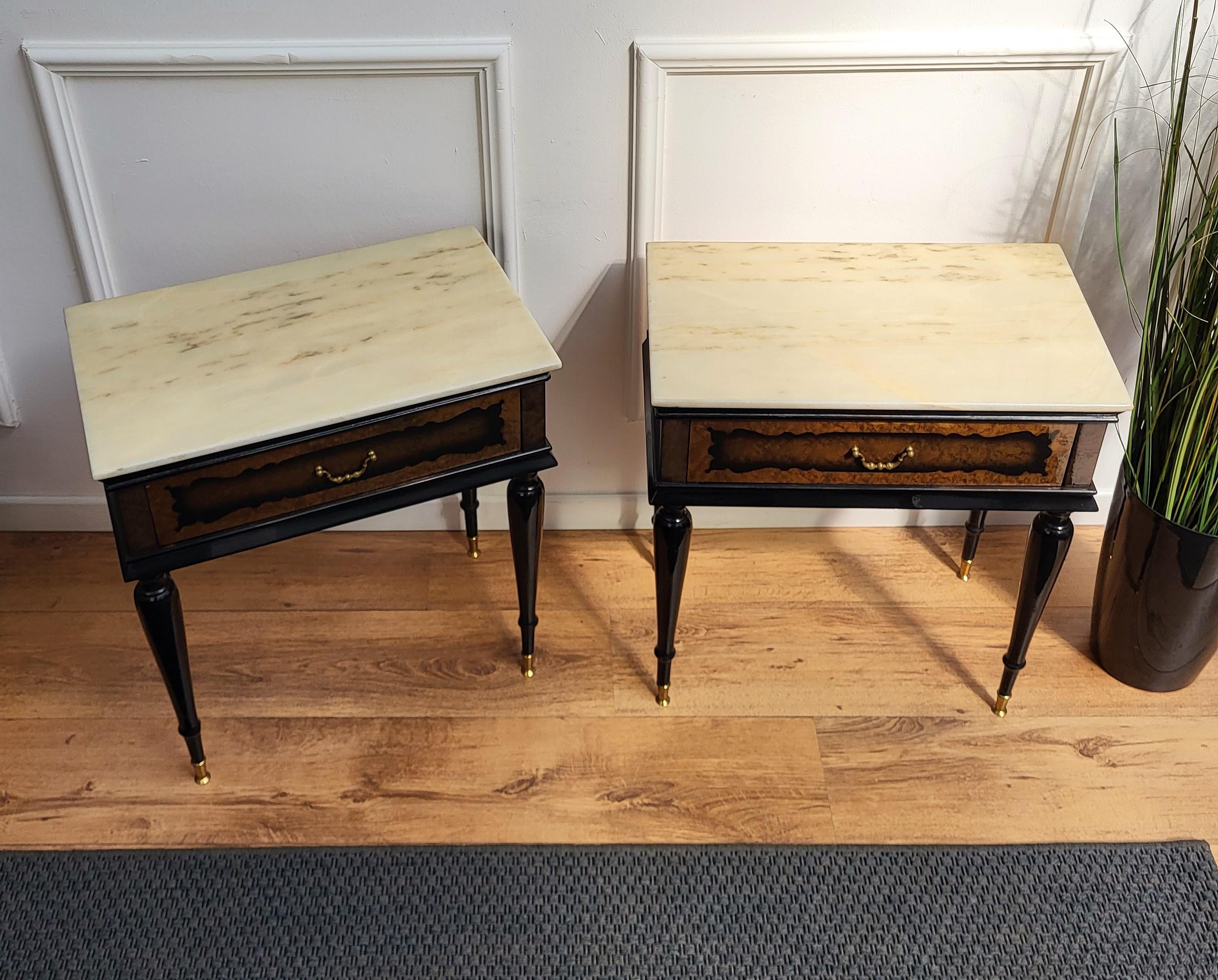 20th Century Pair of Italian Brass Marble Midcentury Art Deco Nightstands Bed Side End Tables