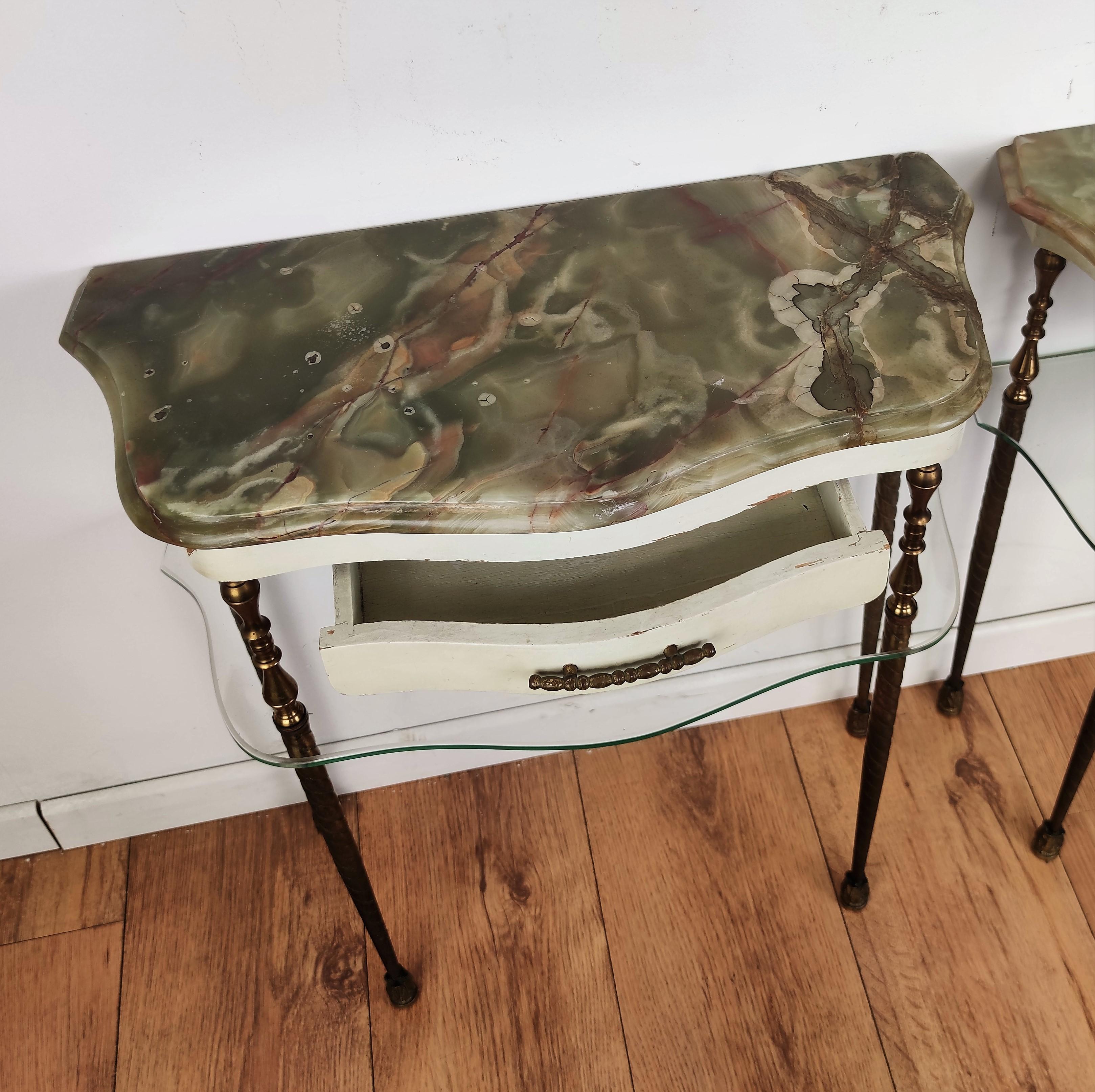 Pair of Italian Brass Marble Midcentury Art Deco Nightstands Bed Side End Tables For Sale 2