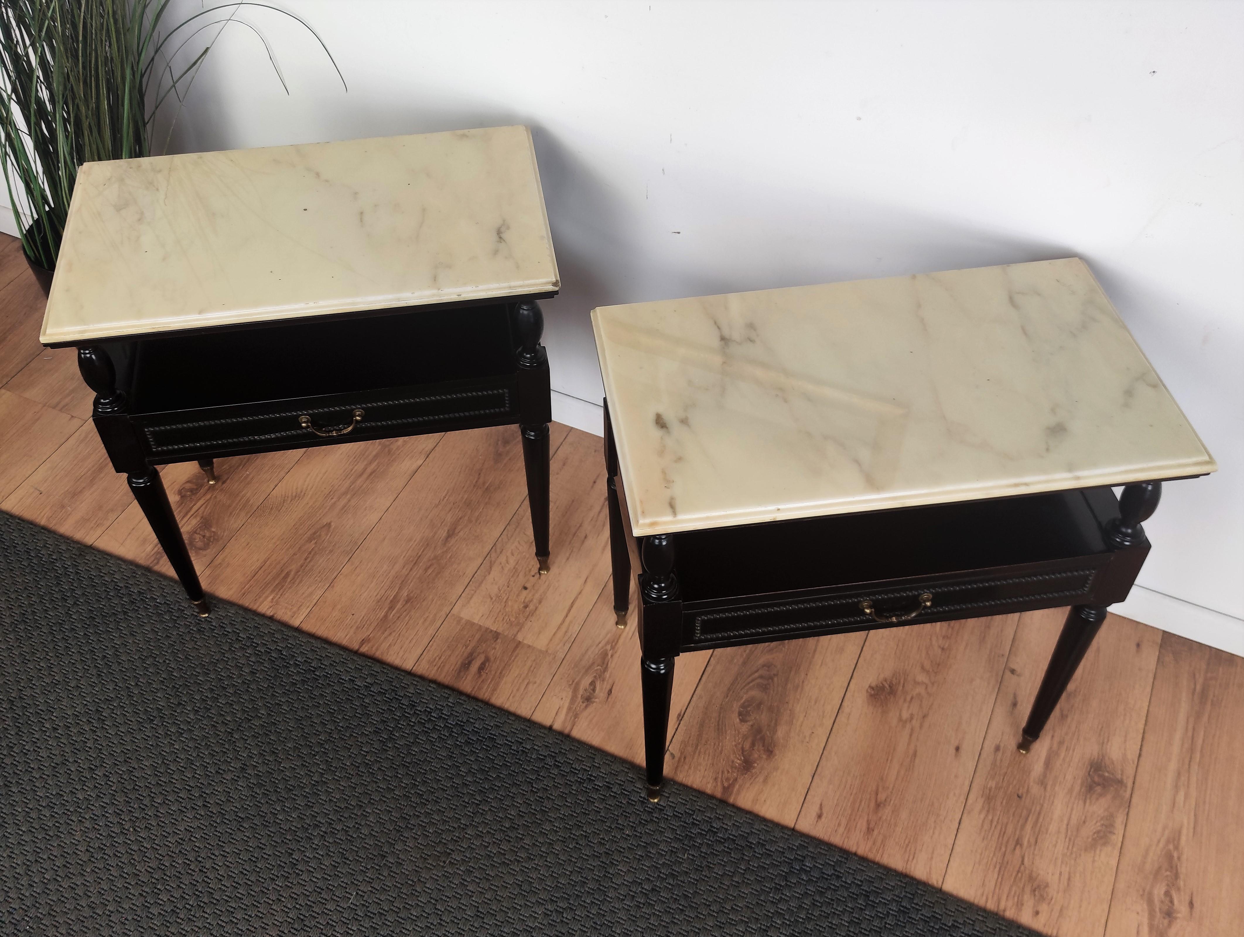 Pair of Italian Brass Marble MidCentury Art Deco Nightstands Bed Side End Tables 2