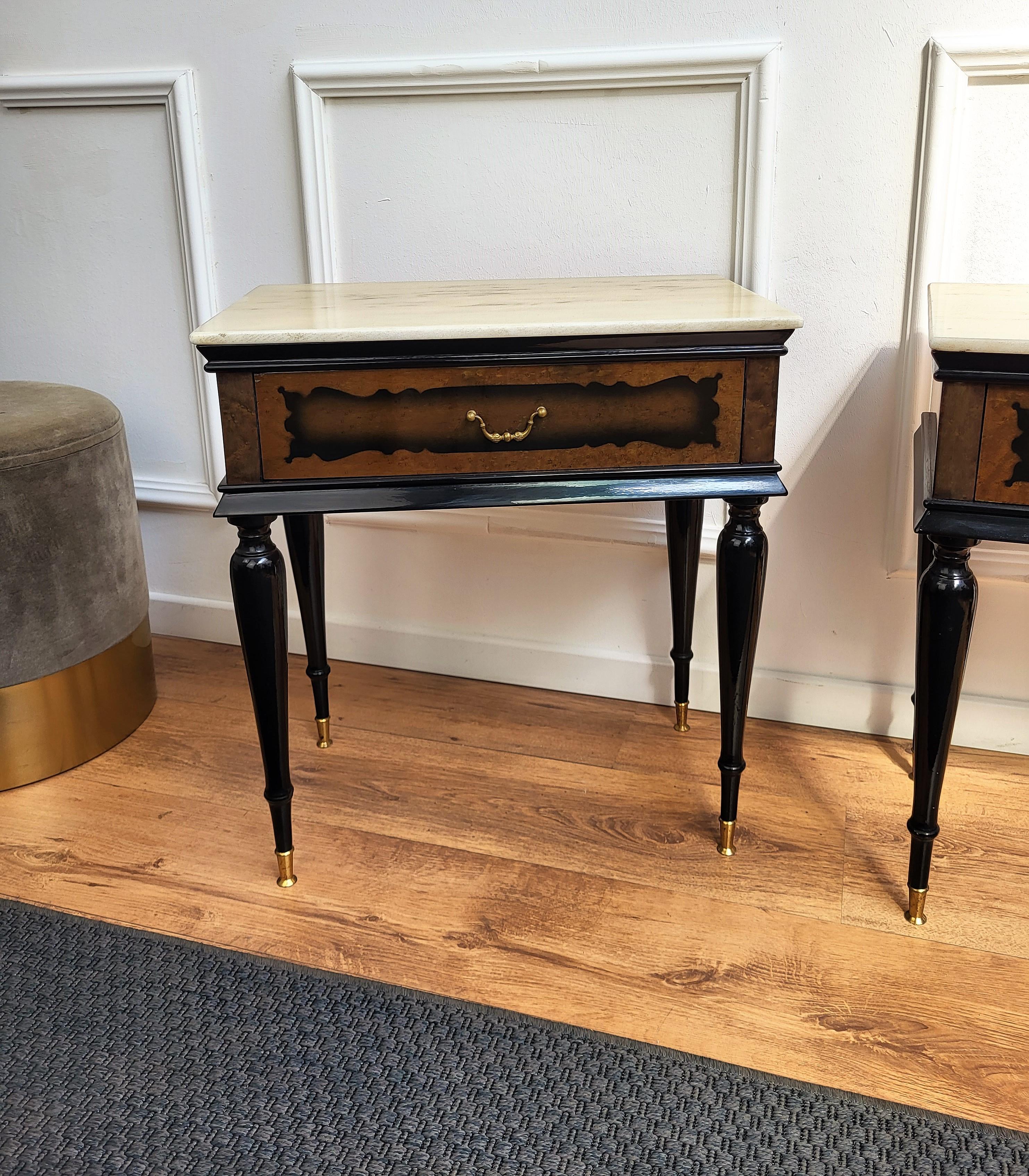 Pair of Italian Brass Marble Midcentury Art Deco Nightstands Bed Side End Tables 2