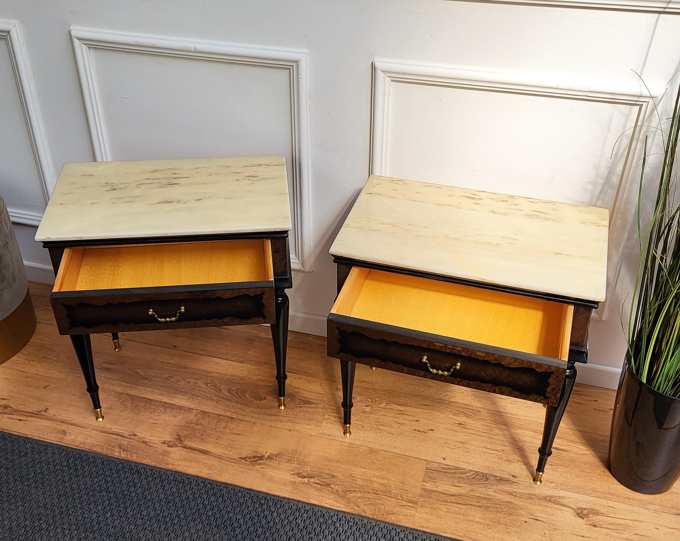 Pair of Italian Brass Marble Midcentury Art Deco Nightstands Bed Side End Tables For Sale 3