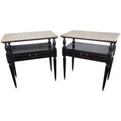 Pair of Italian Brass Marble MidCentury Art Deco Nightstands Bed Side End Tables