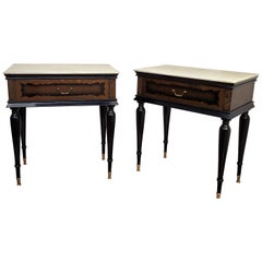 Pair of Italian Brass Marble Midcentury Art Deco Nightstands Bed Side End Tables