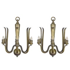 Pair of Italian Brass Mid-20th Century Six-Light Chandeliers