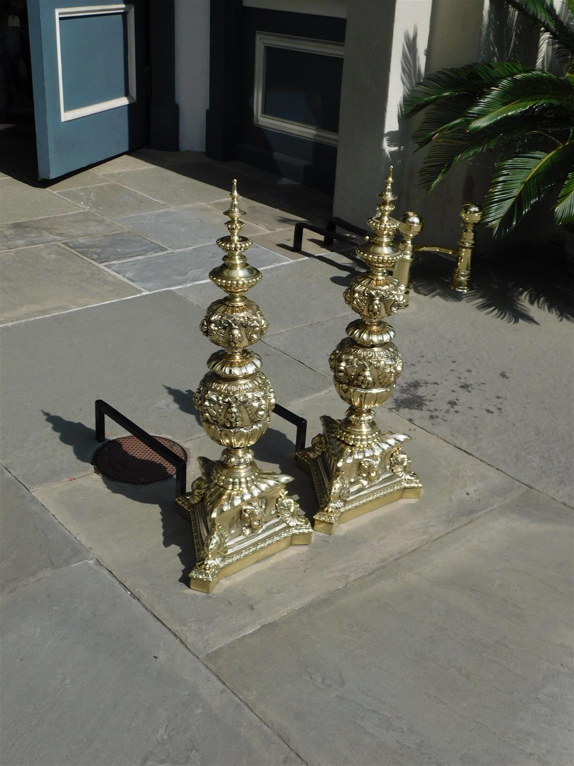 Cast Pair of Italian Brass Neoclassical Figural Tiered Urn Finial Andirons, C. 1820 For Sale