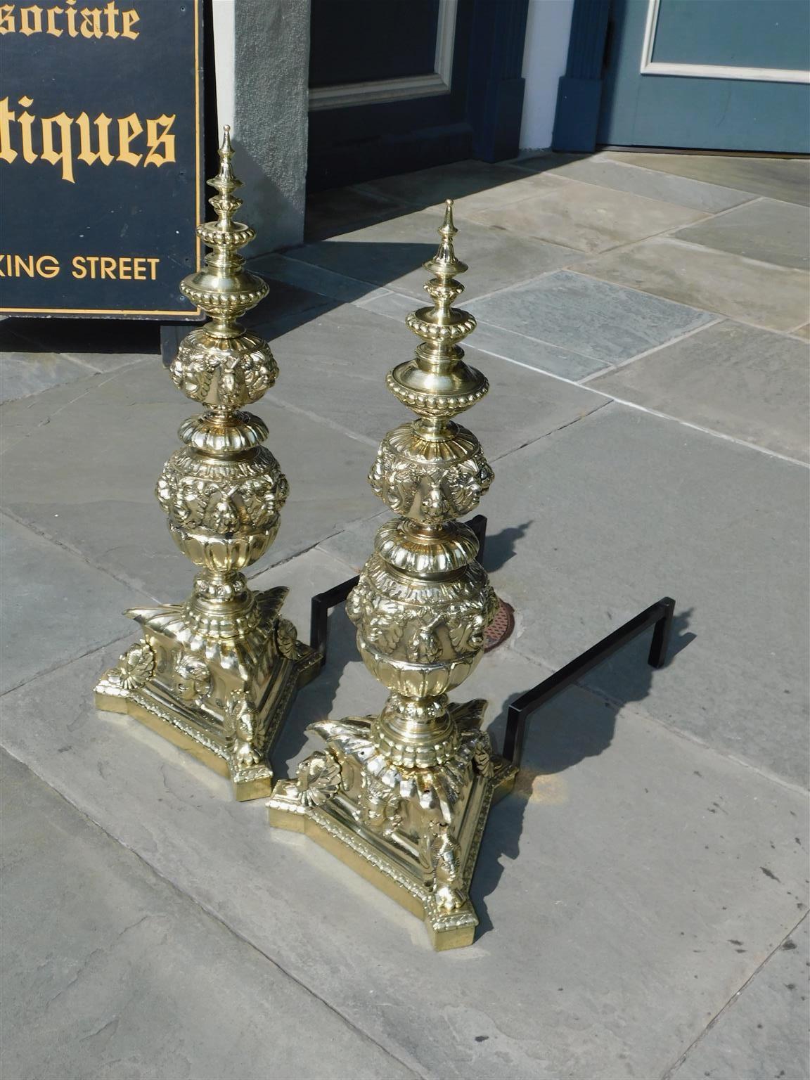 Pair of Italian Brass Neoclassical Figural Tiered Urn Finial Andirons, C. 1820 In Excellent Condition For Sale In Hollywood, SC