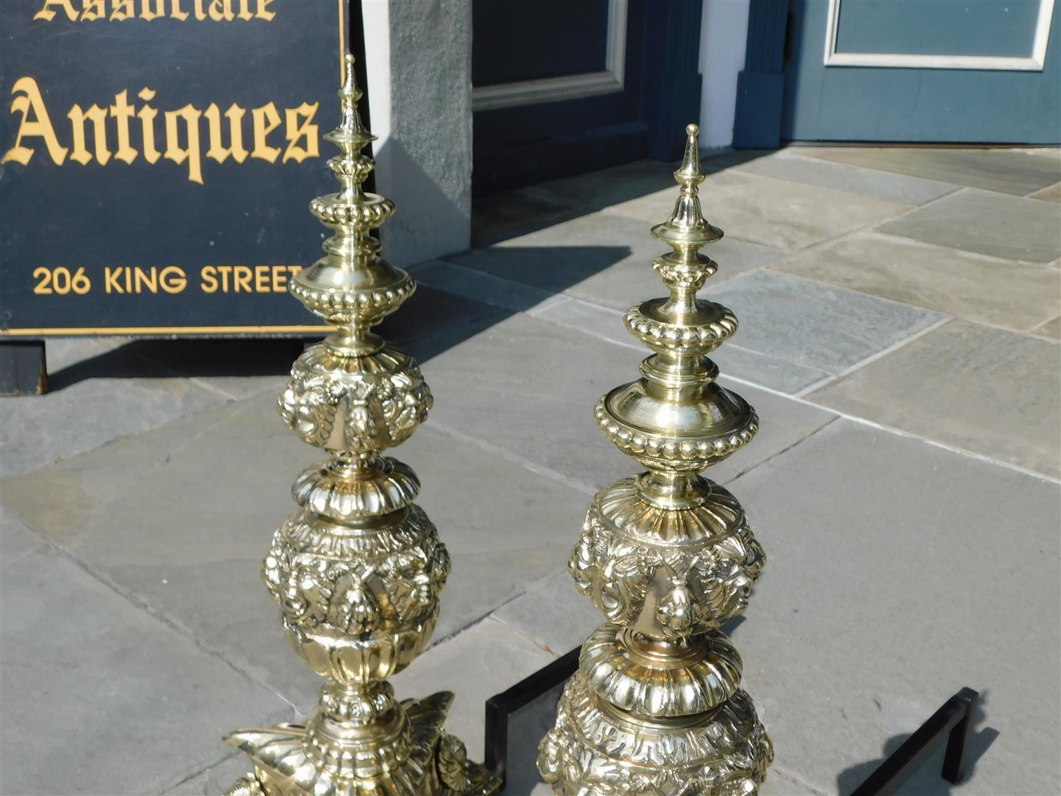 Early 19th Century Pair of Italian Brass Neoclassical Figural Tiered Urn Finial Andirons, C. 1820 For Sale