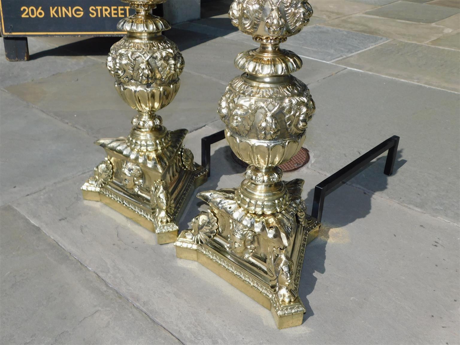 Pair of Italian Brass Neoclassical Figural Tiered Urn Finial Andirons, C. 1820 For Sale 1