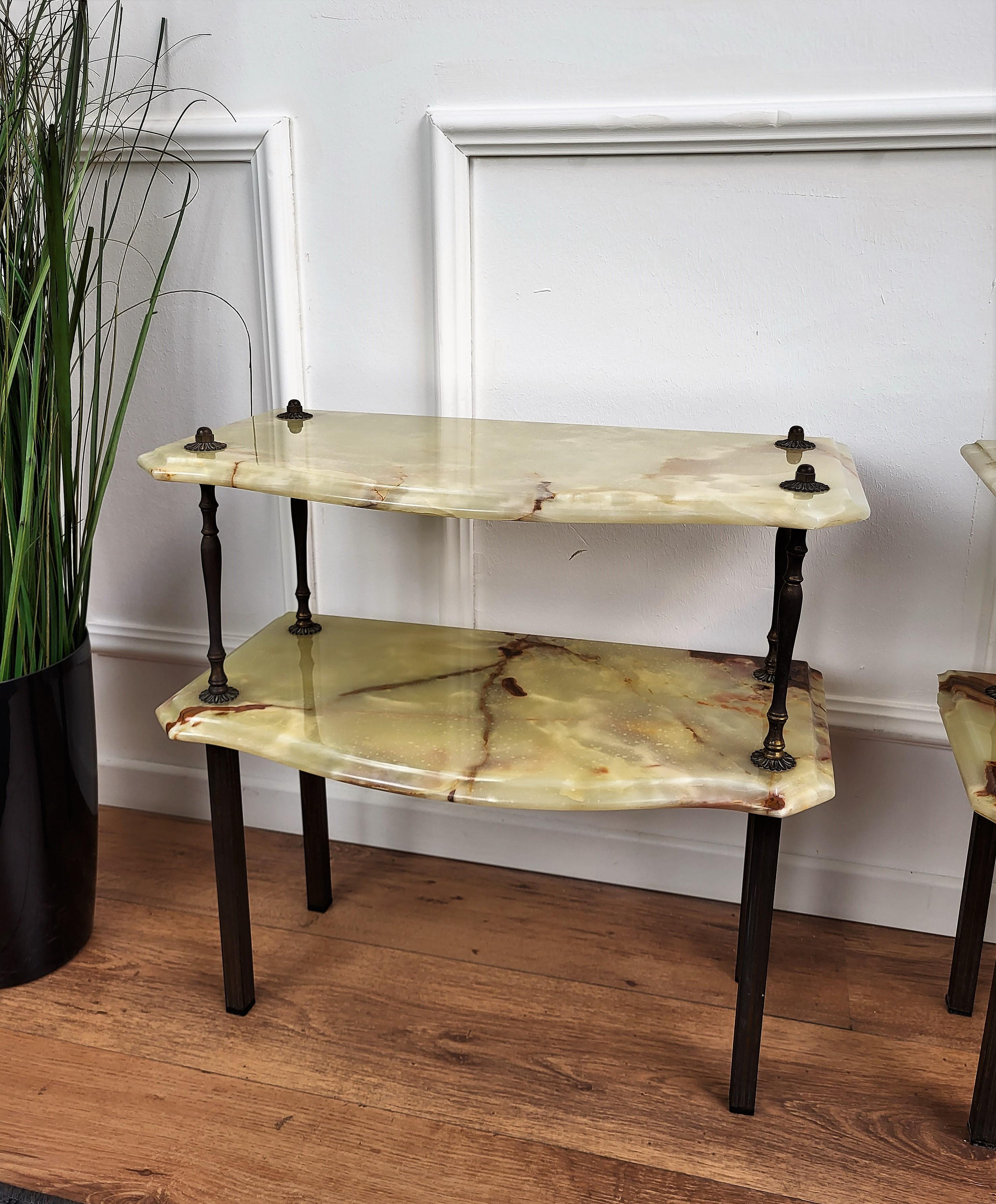 20th Century Pair of Italian Brass Onyx Midcentury Art Deco Nightstands Bed Side End Tables