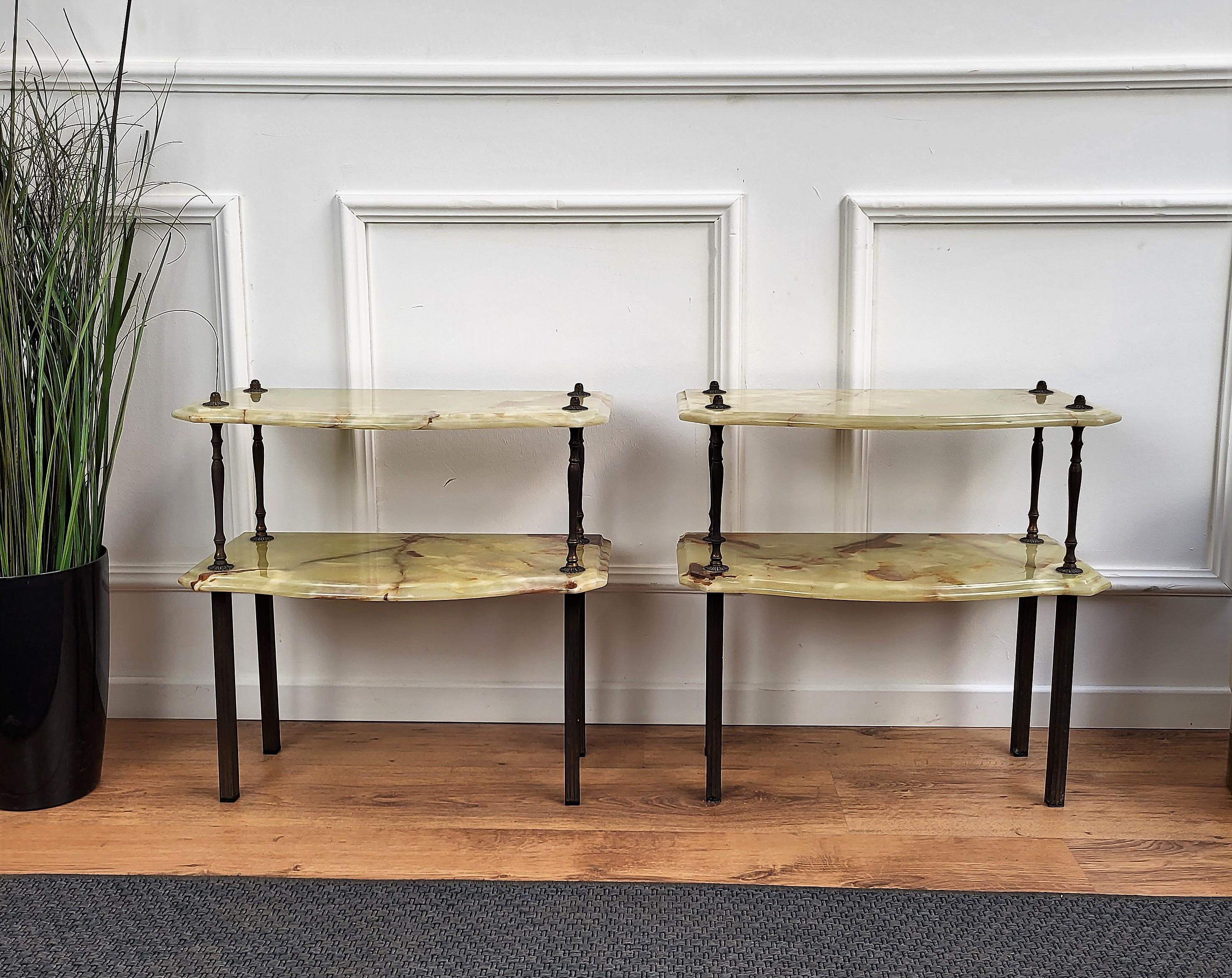 Pair of Italian Brass Onyx Midcentury Art Deco Nightstands Bed Side End Tables 1