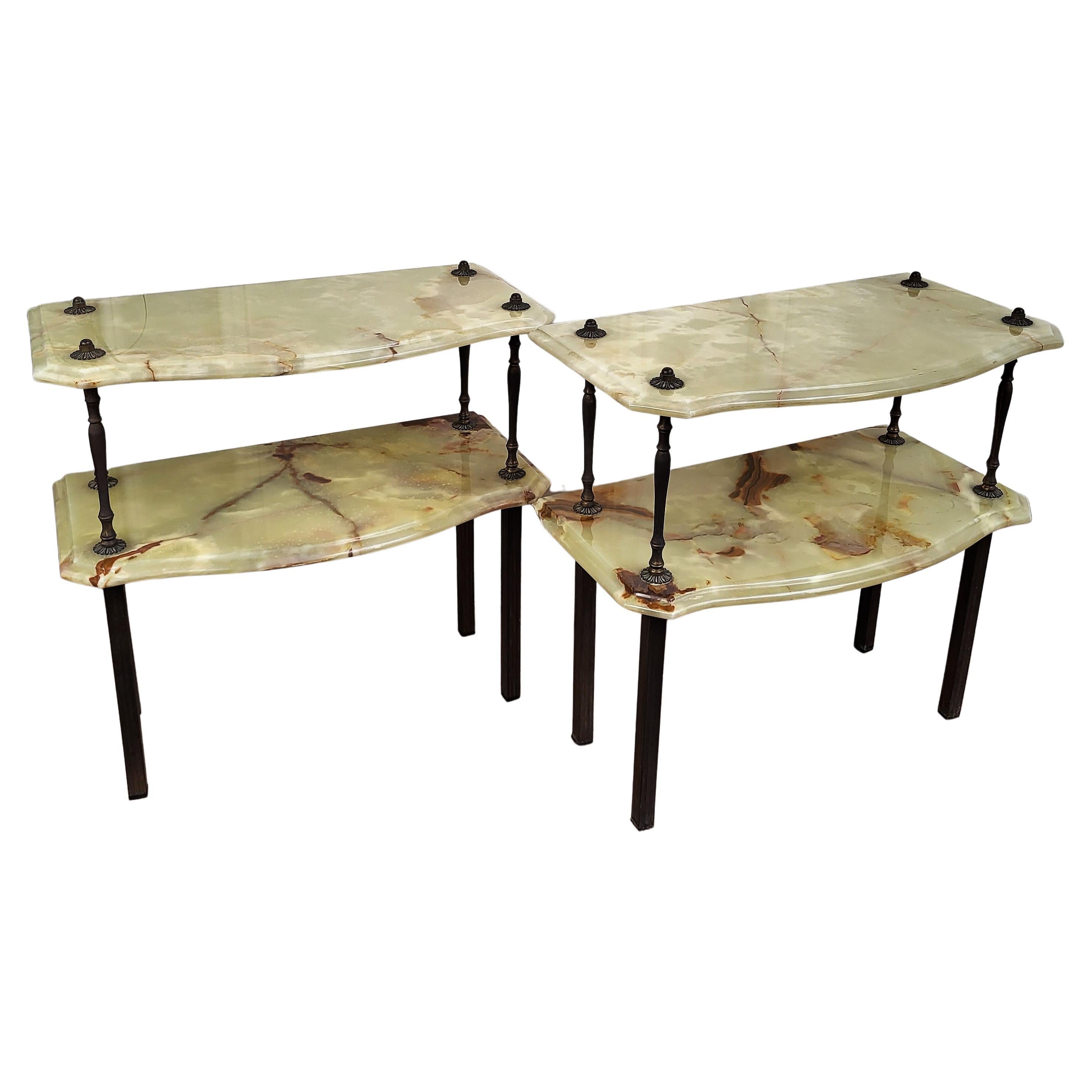 Pair of Italian Brass Onyx Midcentury Art Deco Nightstands Bed Side End Tables