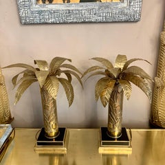 Pair of Italian Brass Palm Table Lamps with Black Murano Glass Base, 1970s