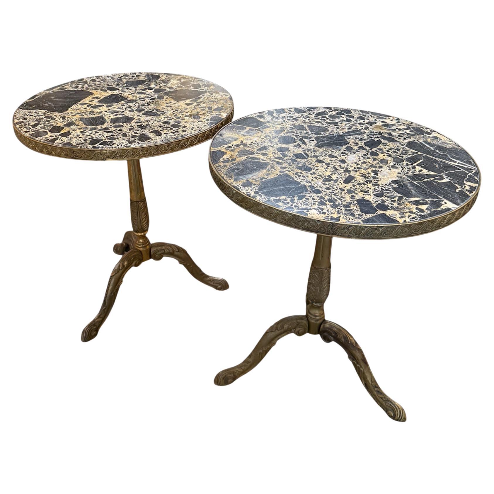 Pair of Italian Brass Pedestal Side Tables with Marble Tops, 1970s