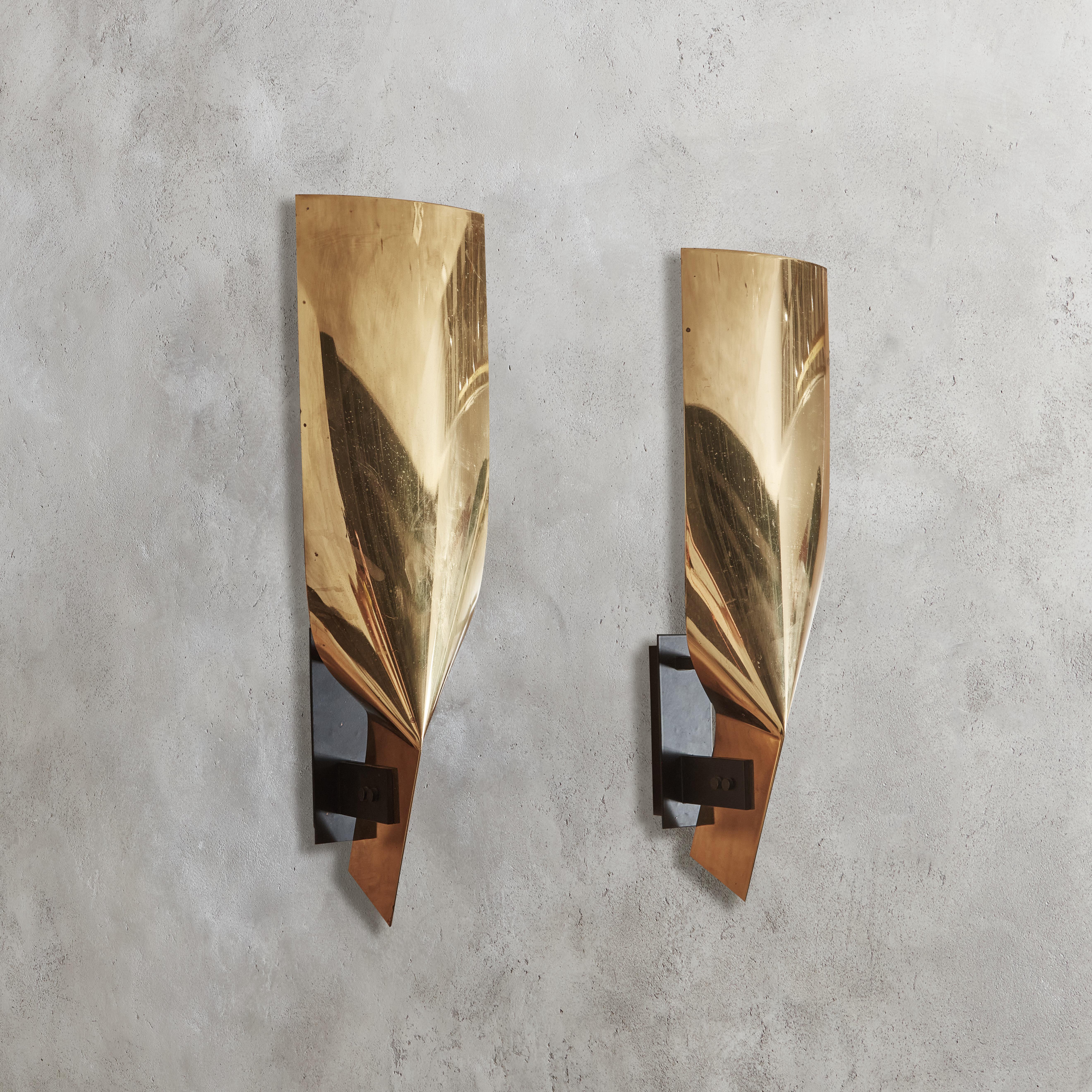 International Style Pair of Italian Brass Sconces  For Sale