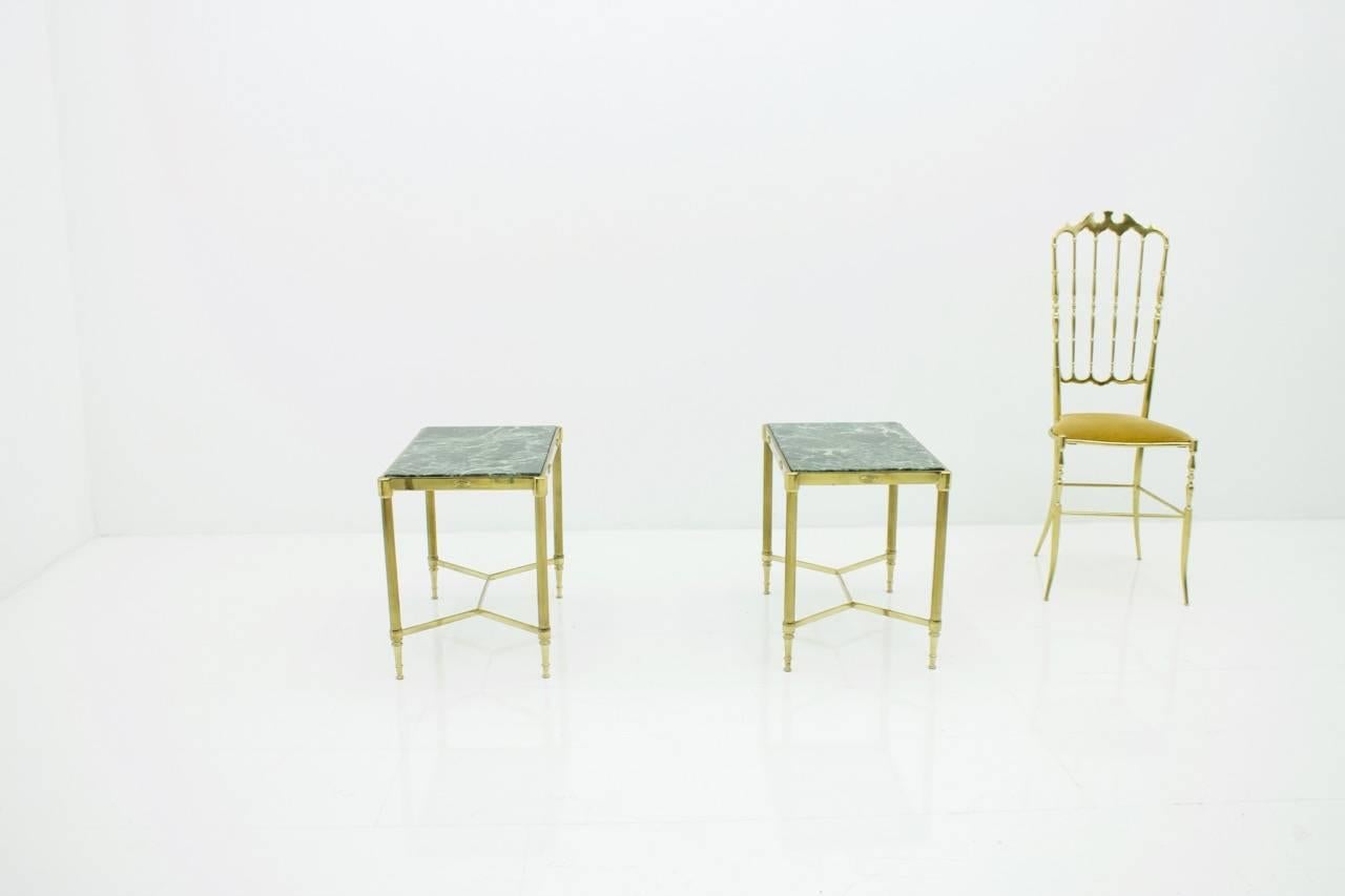 Pair of Italian Brass Side Tables with Green Marble Top, 1950s 7