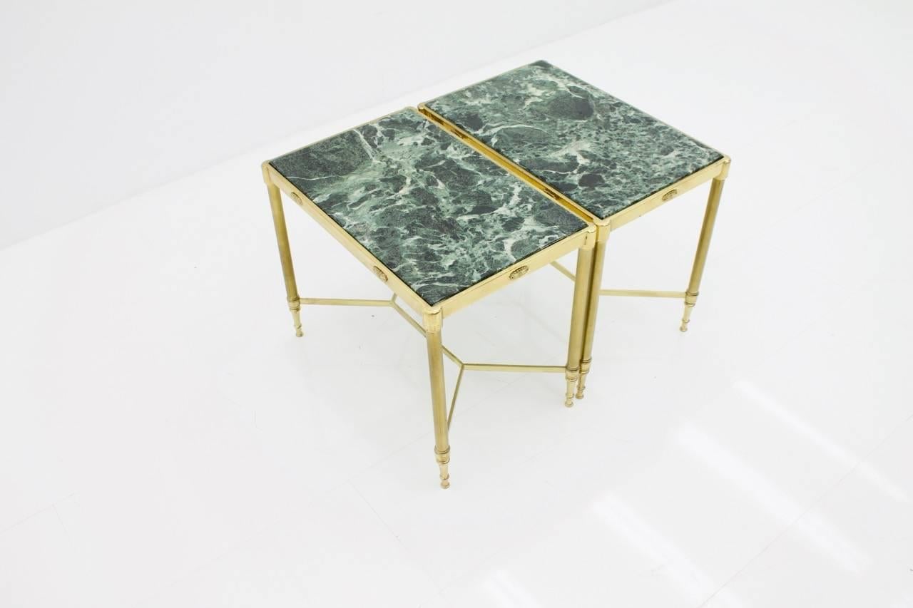 Pair of Italian Brass Side Tables with Green Marble Top, 1950s 1