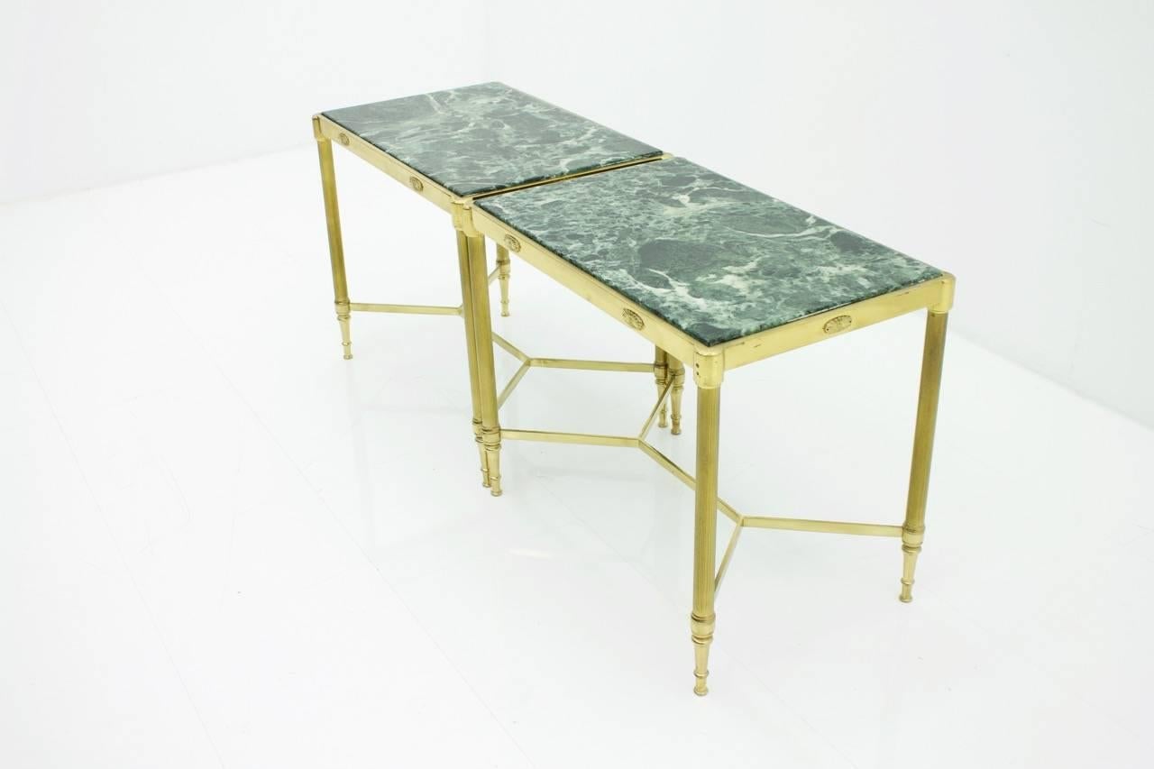 Pair of Italian Brass Side Tables with Green Marble Top, 1950s 2