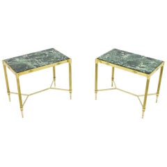 Pair of Italian Brass Side Tables with Green Marble Top, 1950s