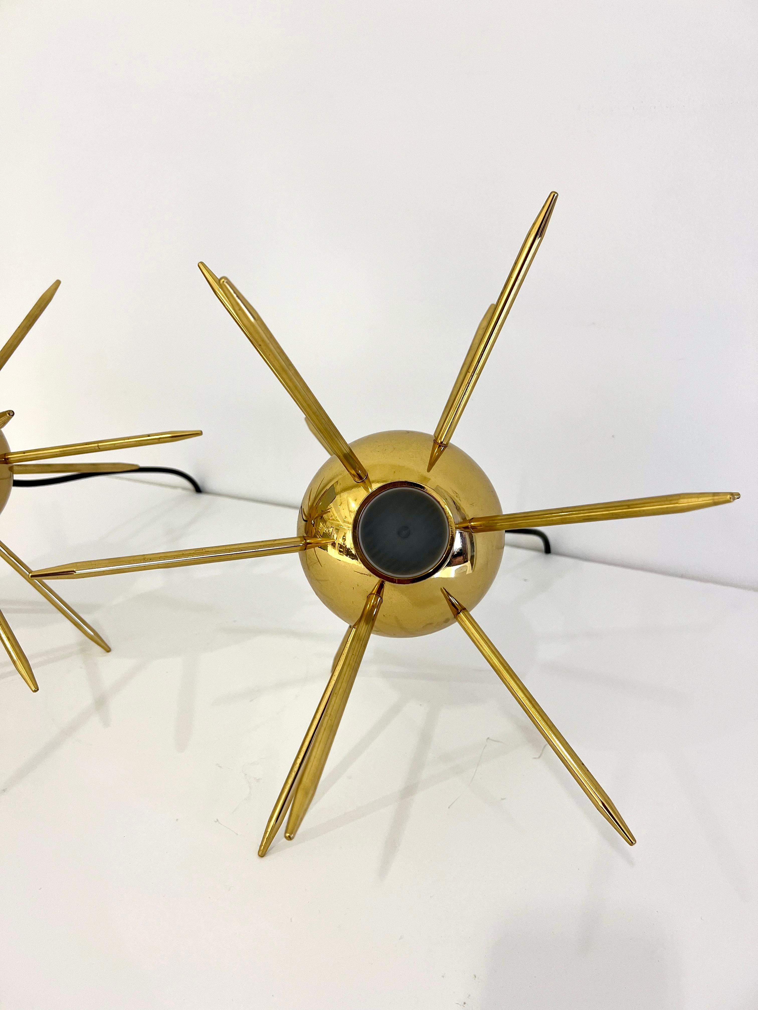 Mid-Century Modern Pair of Italian Brass Sputnik Lights For Sale