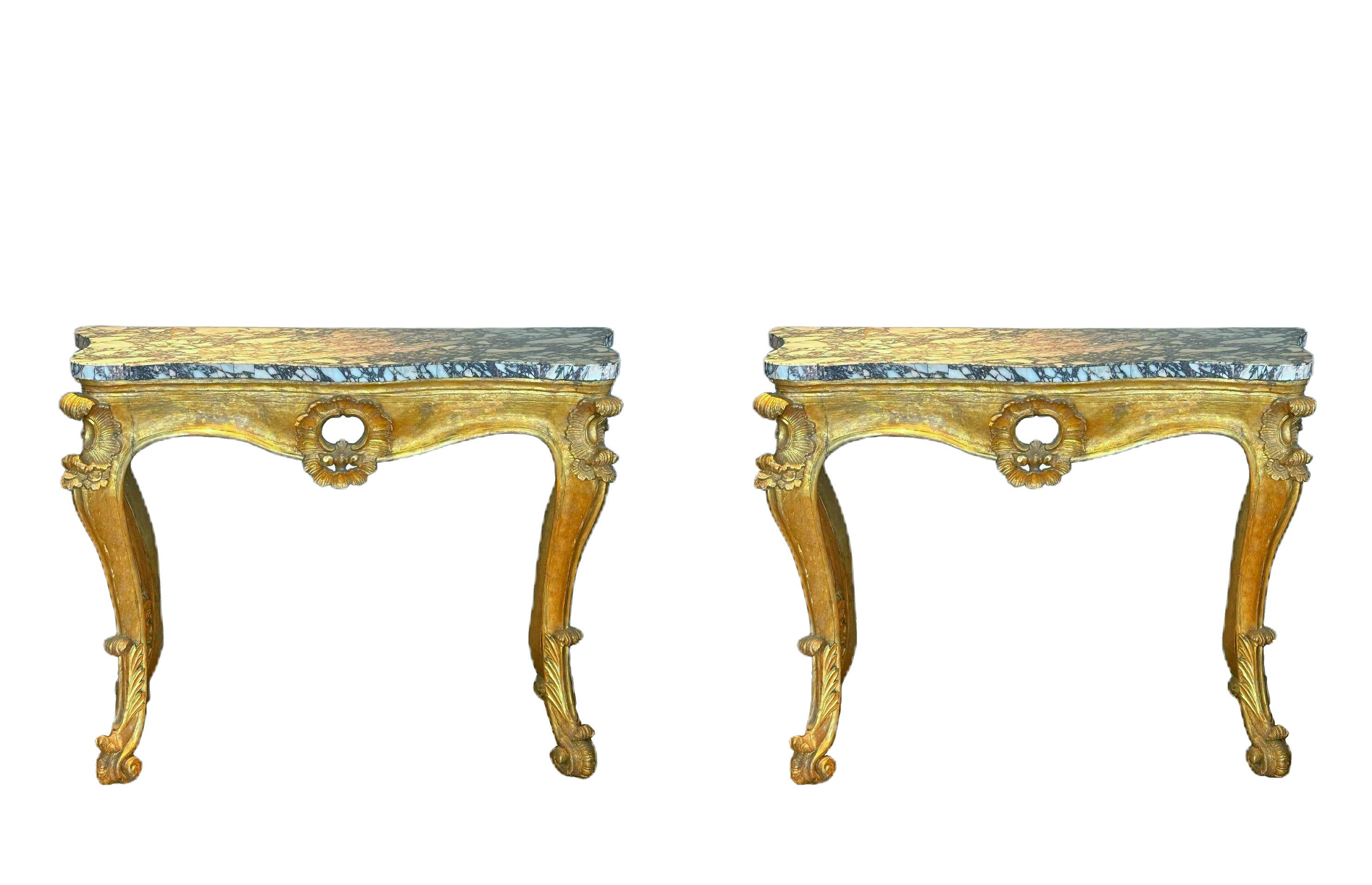 Pair of Italian Breccia Marble Top Giltwood Consoles - Circa 1760 For Sale 7