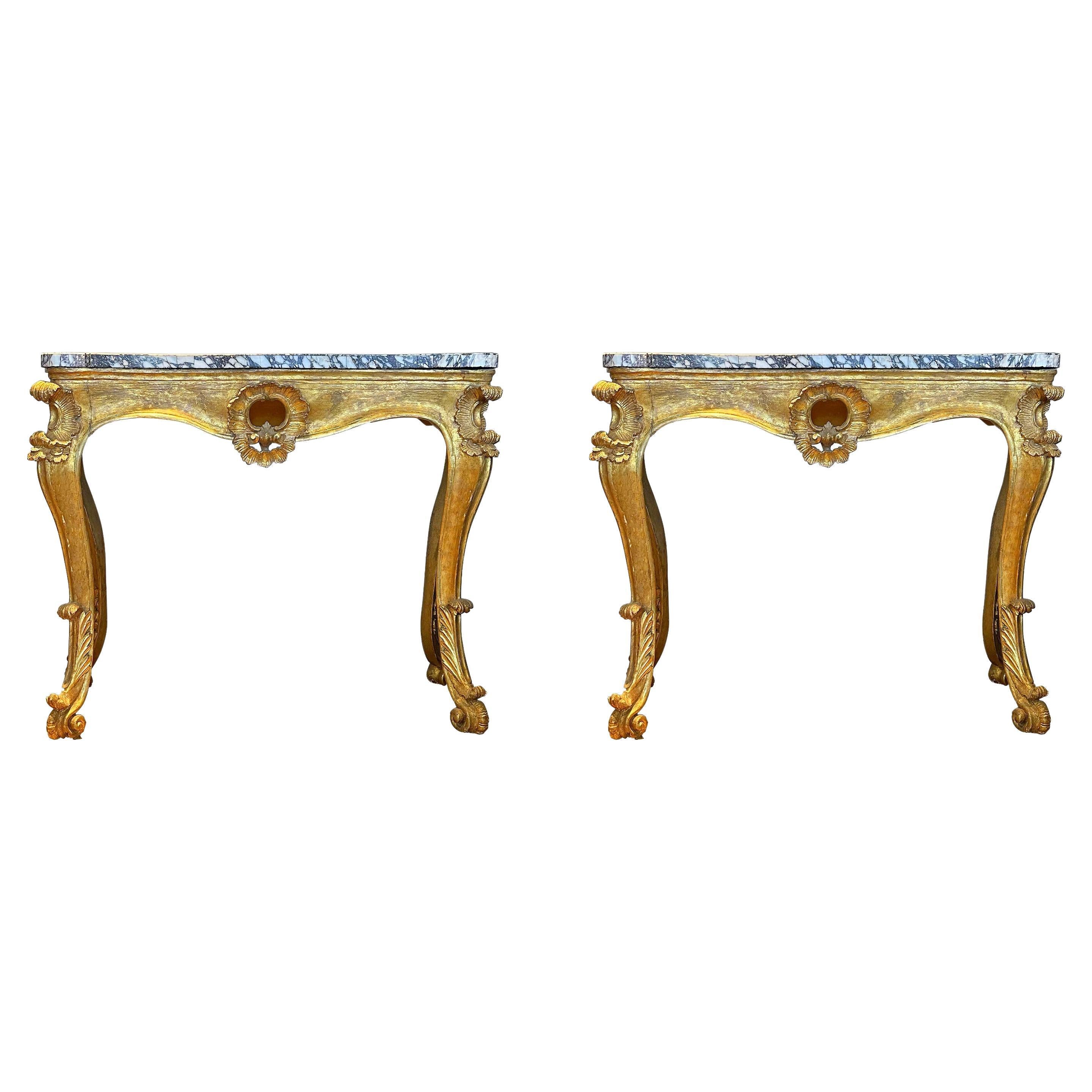 Pair of Italian Breccia Marble Top Giltwood Consoles - Circa 1760