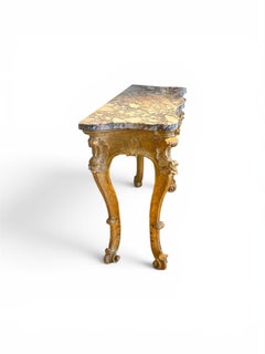 Pair of Italian Breccia Marble Top Giltwood Consoles