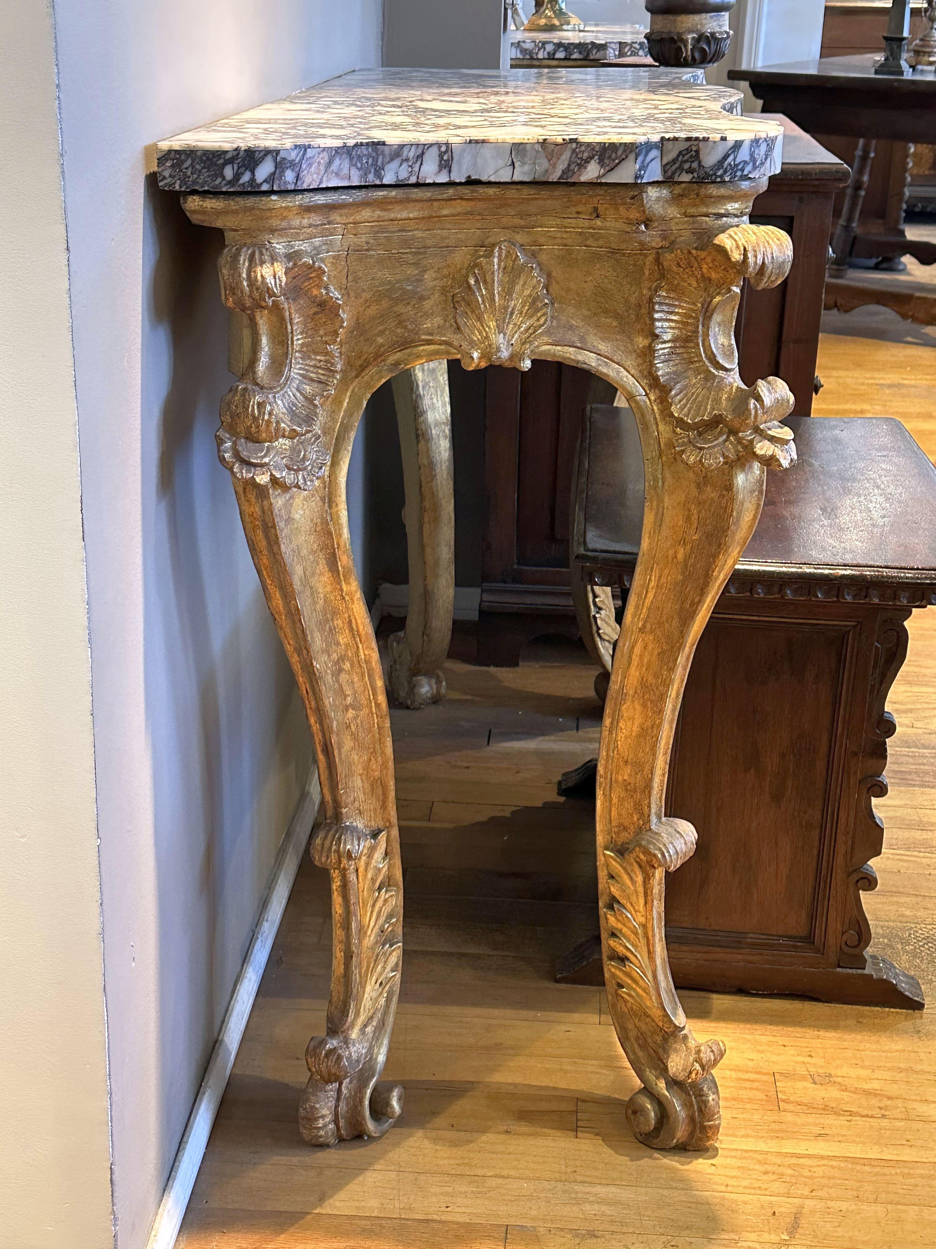 Pair of Italian Breccia Marble Top Giltwood Consoles - Circa 1760 In Good Condition For Sale In Los Angeles, CA