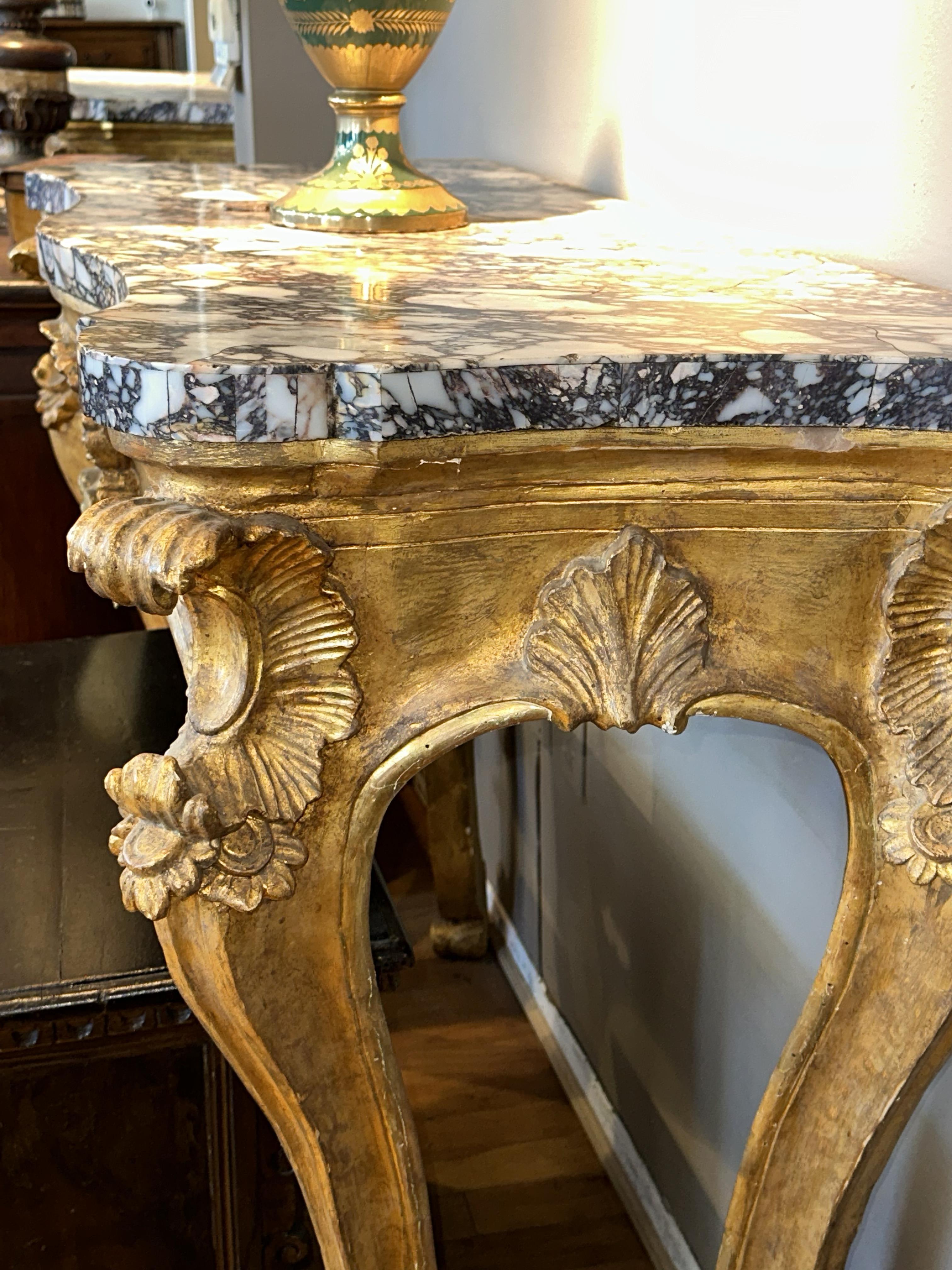 18th Century and Earlier Pair of Italian Breccia Marble Top Giltwood Consoles - Circa 1760 For Sale