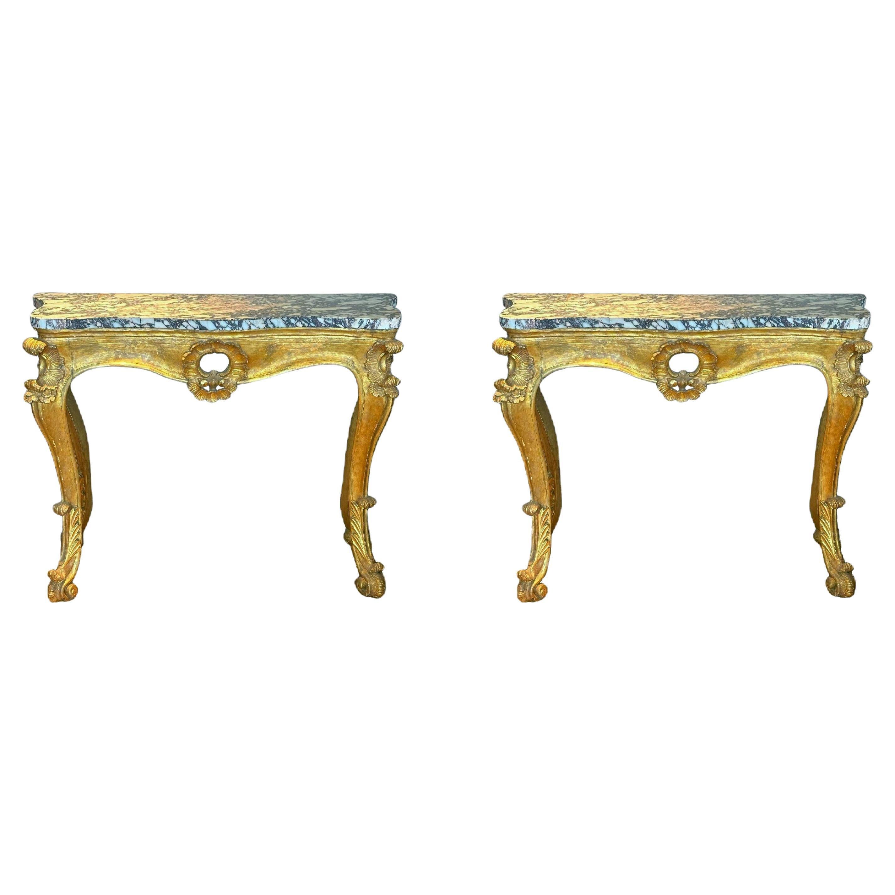 Pair of Italian Breccia Marble Top Giltwood Consoles