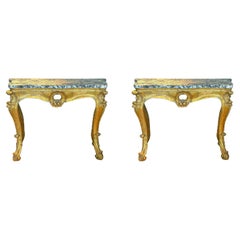 Pair of Italian Breccia Marble Top Giltwood Consoles