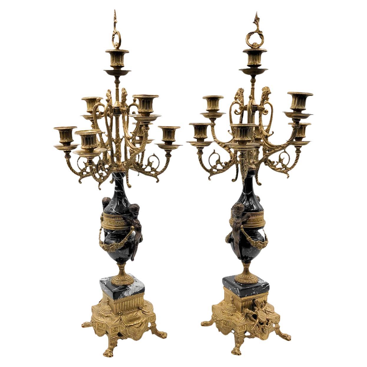Paire de candélabres italiens en bronze et marbre noir Brevettato