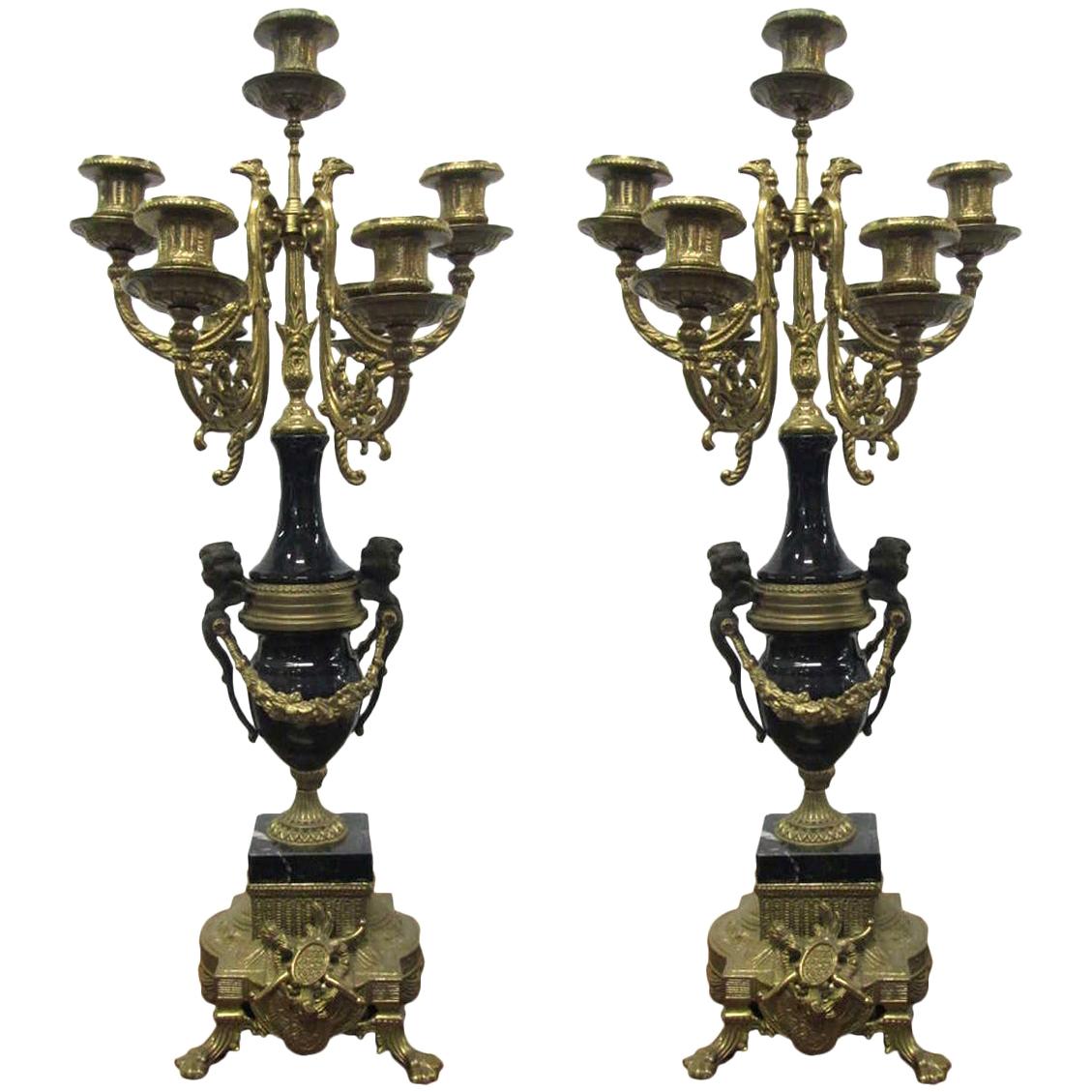 Pair of Italian Brevettato Brass Marble Candelabras For Sale