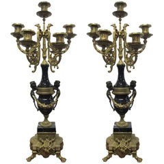 Pair of Italian Brevettato Brass Marble Candelabras