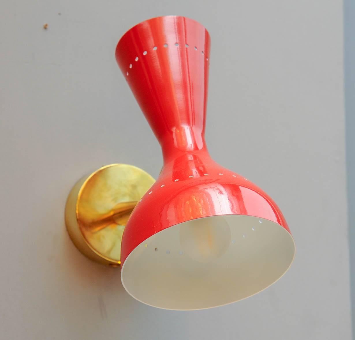 Enameled Pair of Italian Bright Red Cones Wall Sconces