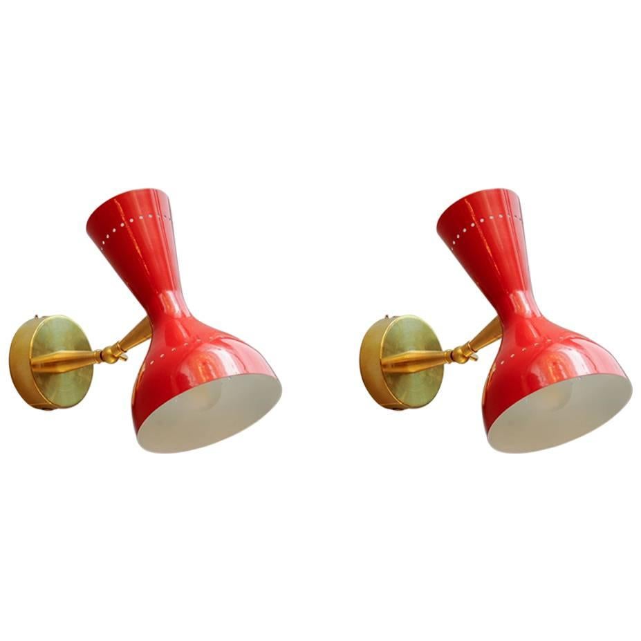 Pair of Italian Bright Red Cones Wall Sconces