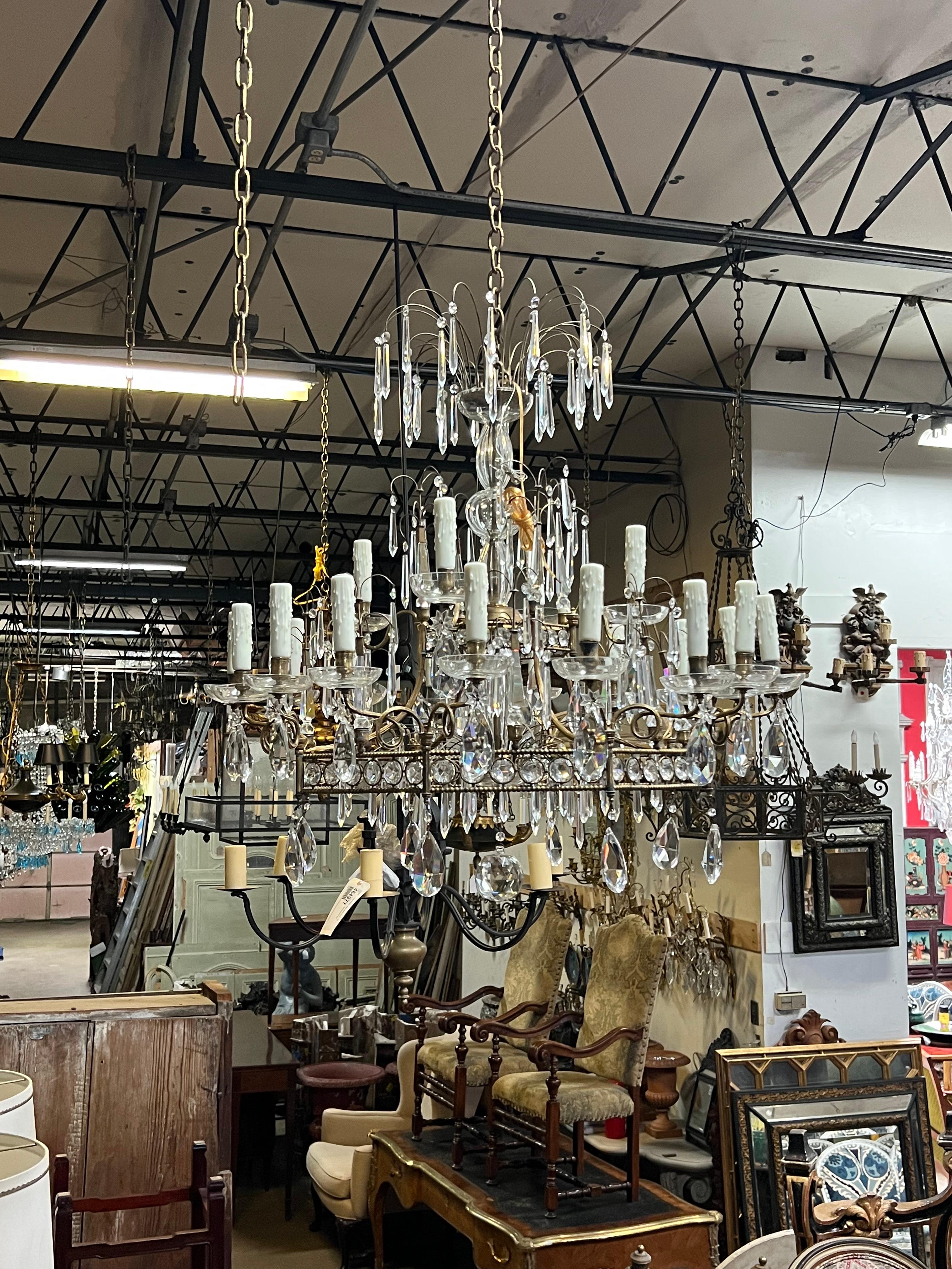 Pair of Italian Bronze and Crystal Chandeliers For Sale 8