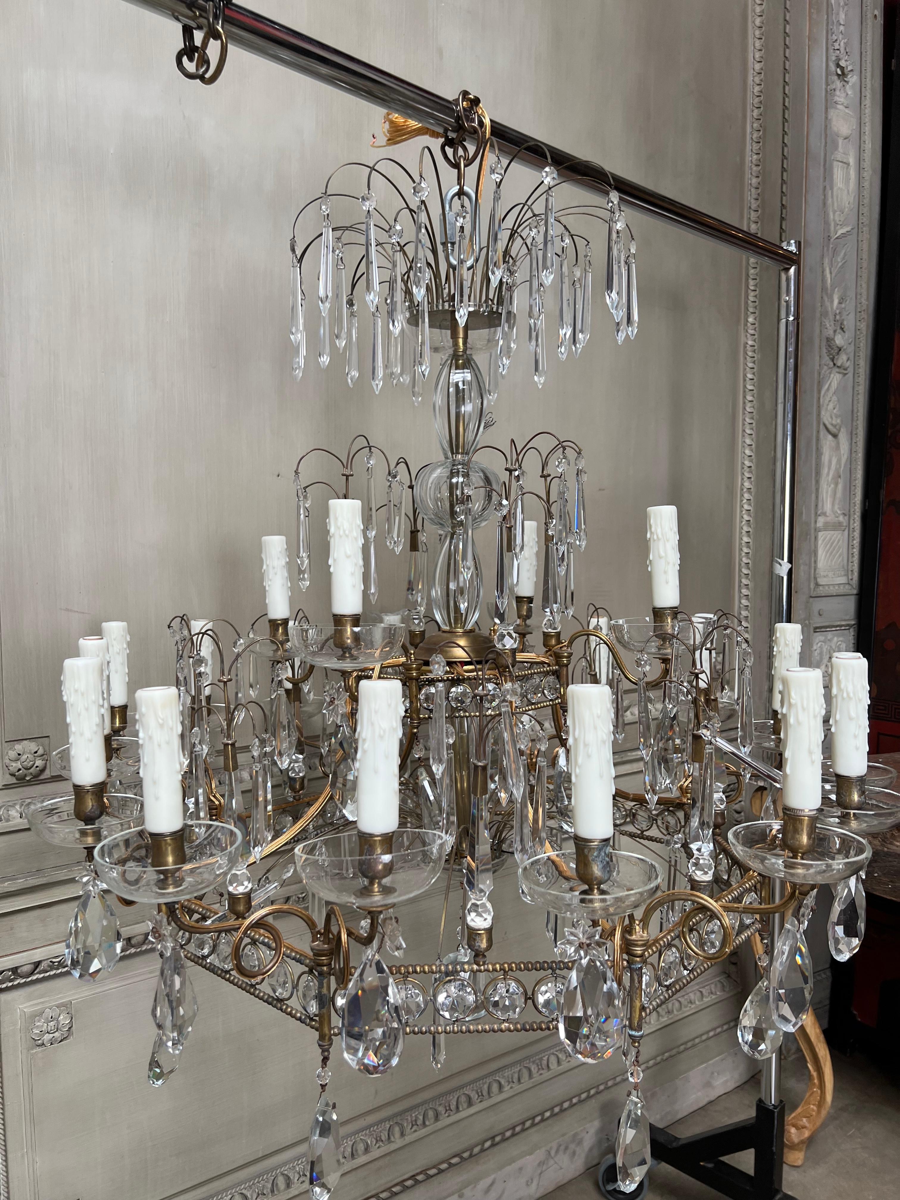 Pair of Italian Bronze and Crystal Chandeliers In Good Condition For Sale In Dallas, TX