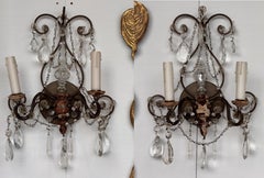 Paar italienische Bronze- und Kristall-Leuchtkästen