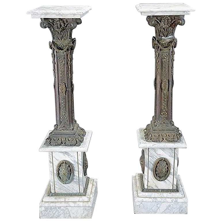 Pair of Italian Bronze and Marble Pedestals