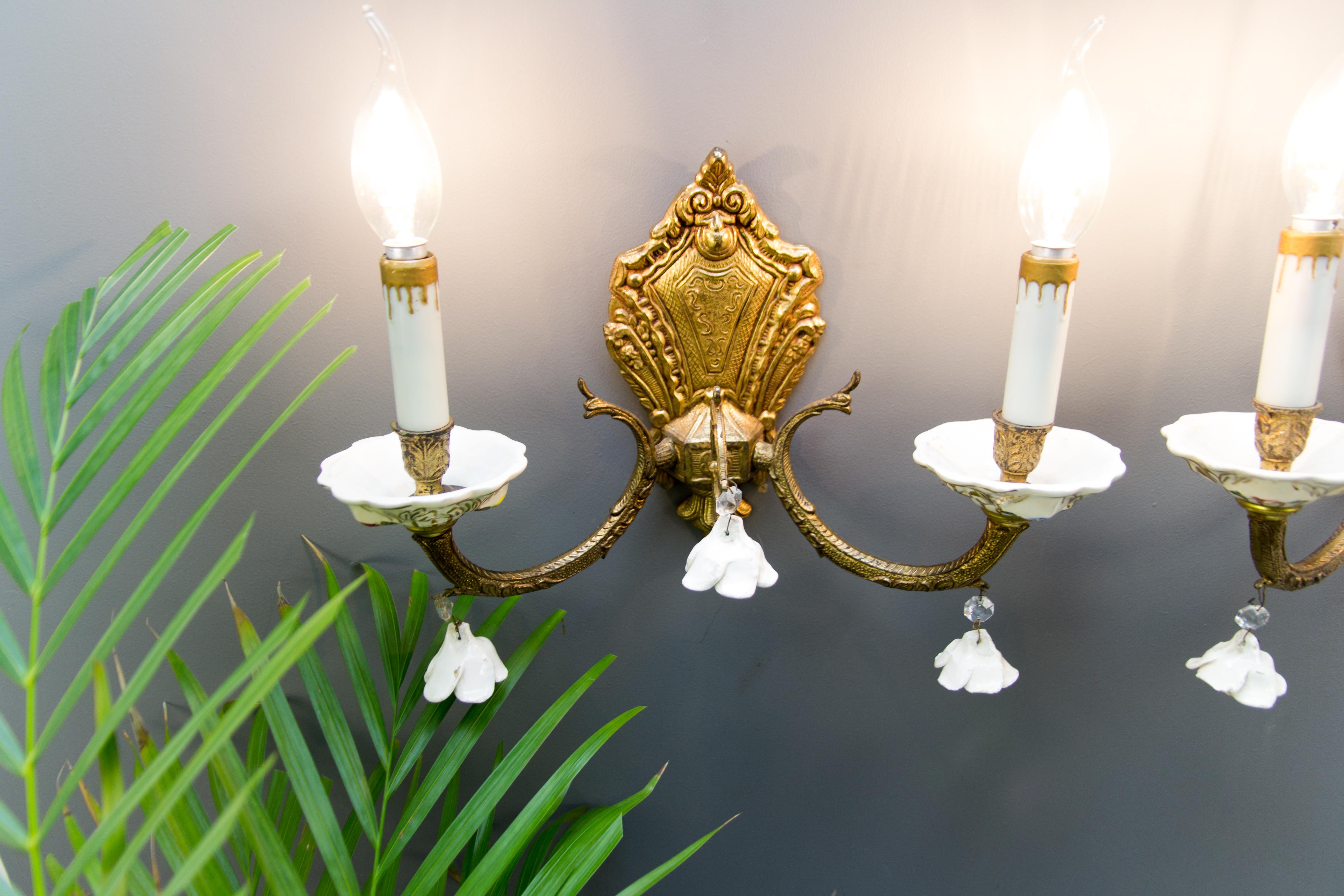 Pair of Italian Two-Light Bronze and Porcelain Floral Sconces 6