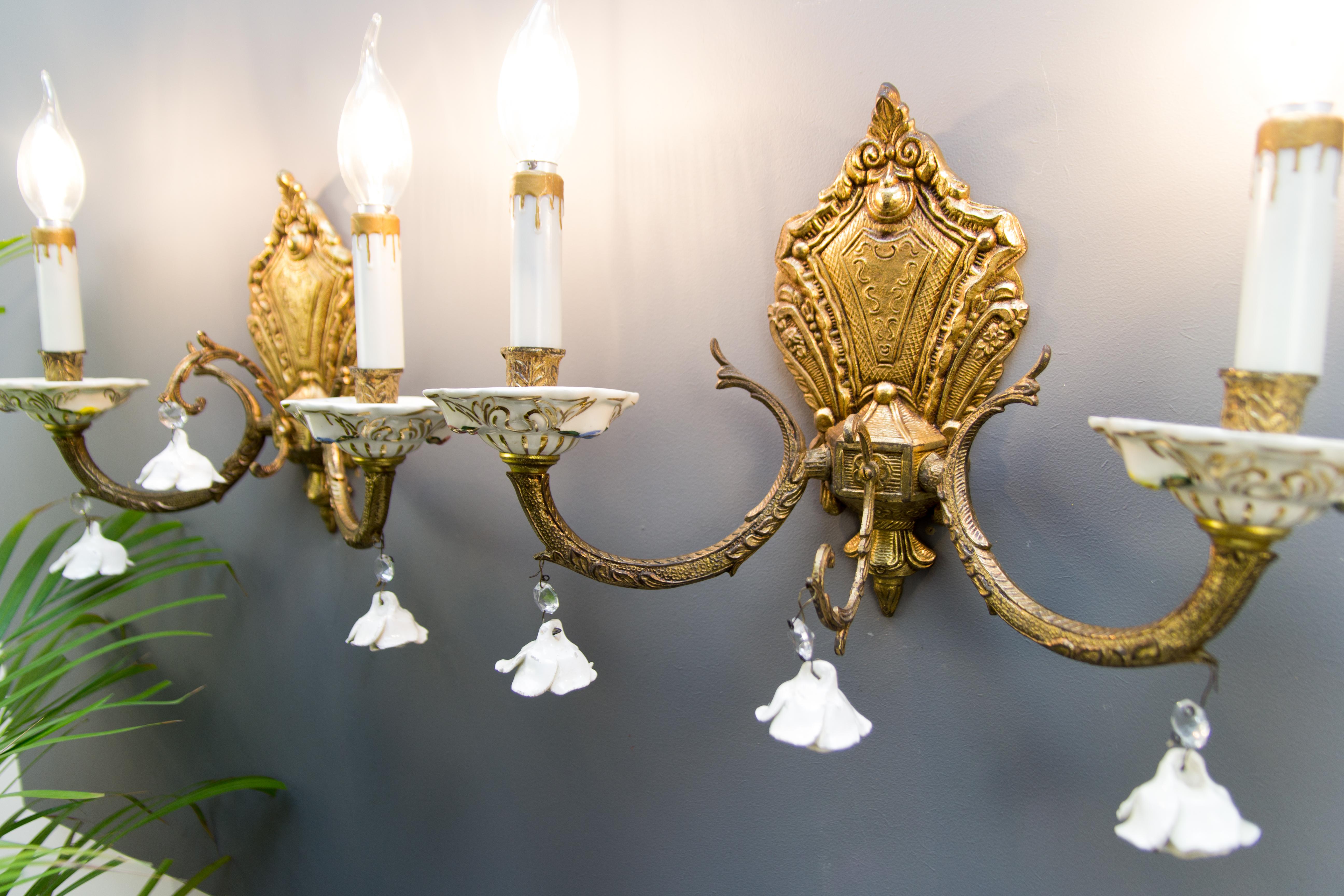 Pair of Italian Two-Light Bronze and Porcelain Floral Sconces 7