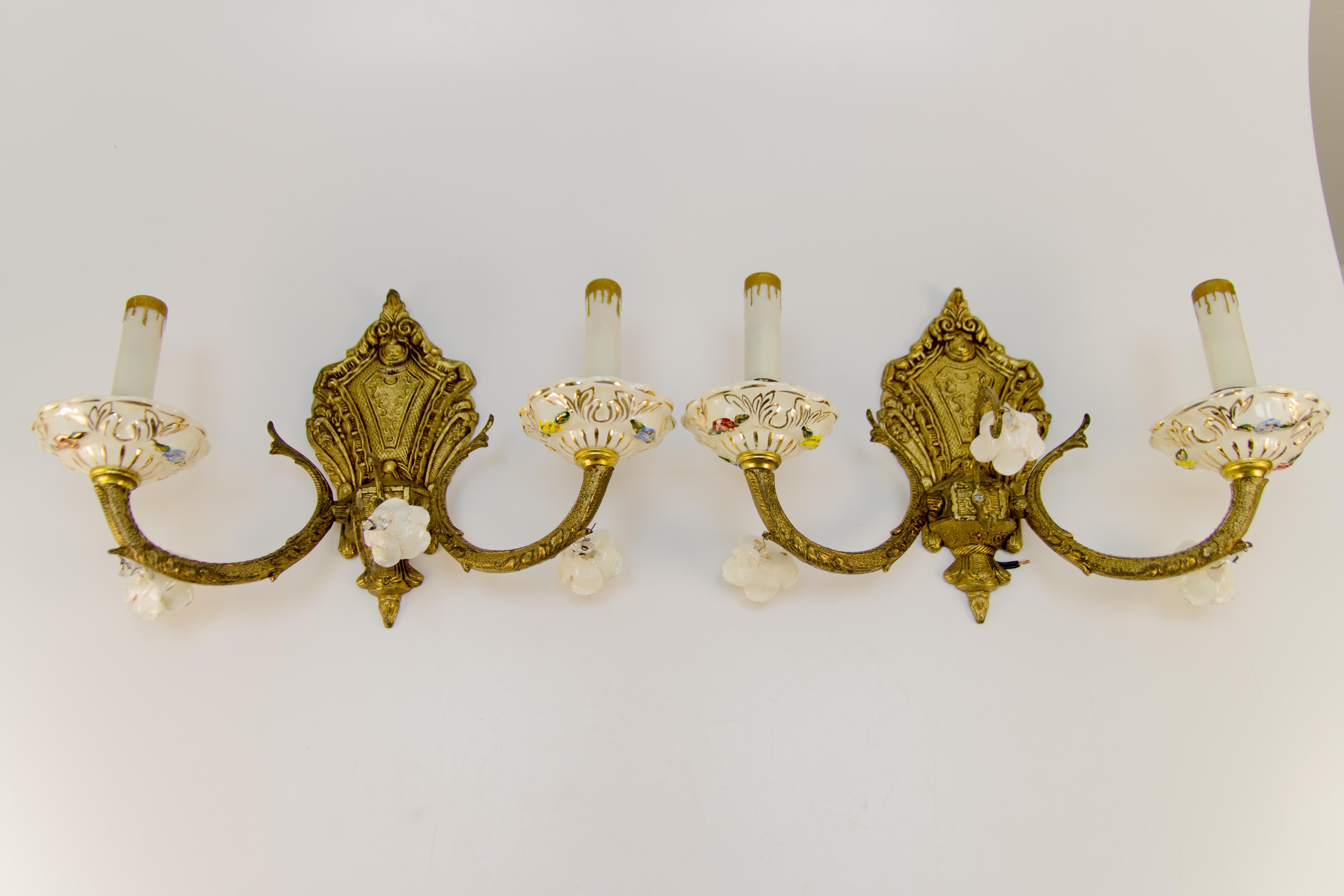 Pair of Italian Two-Light Bronze and Porcelain Floral Sconces 8