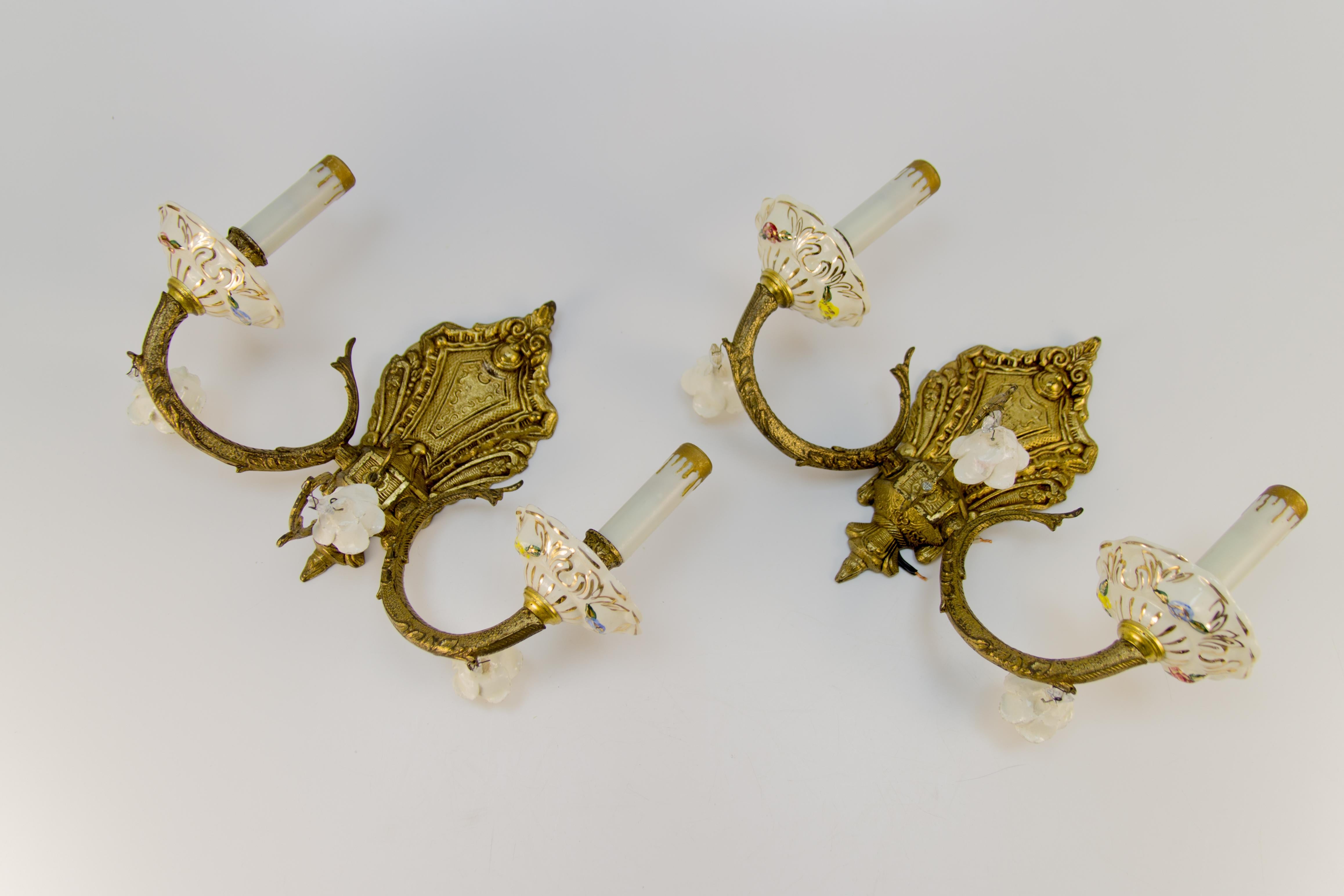 Pair of Italian Two-Light Bronze and Porcelain Floral Sconces 9