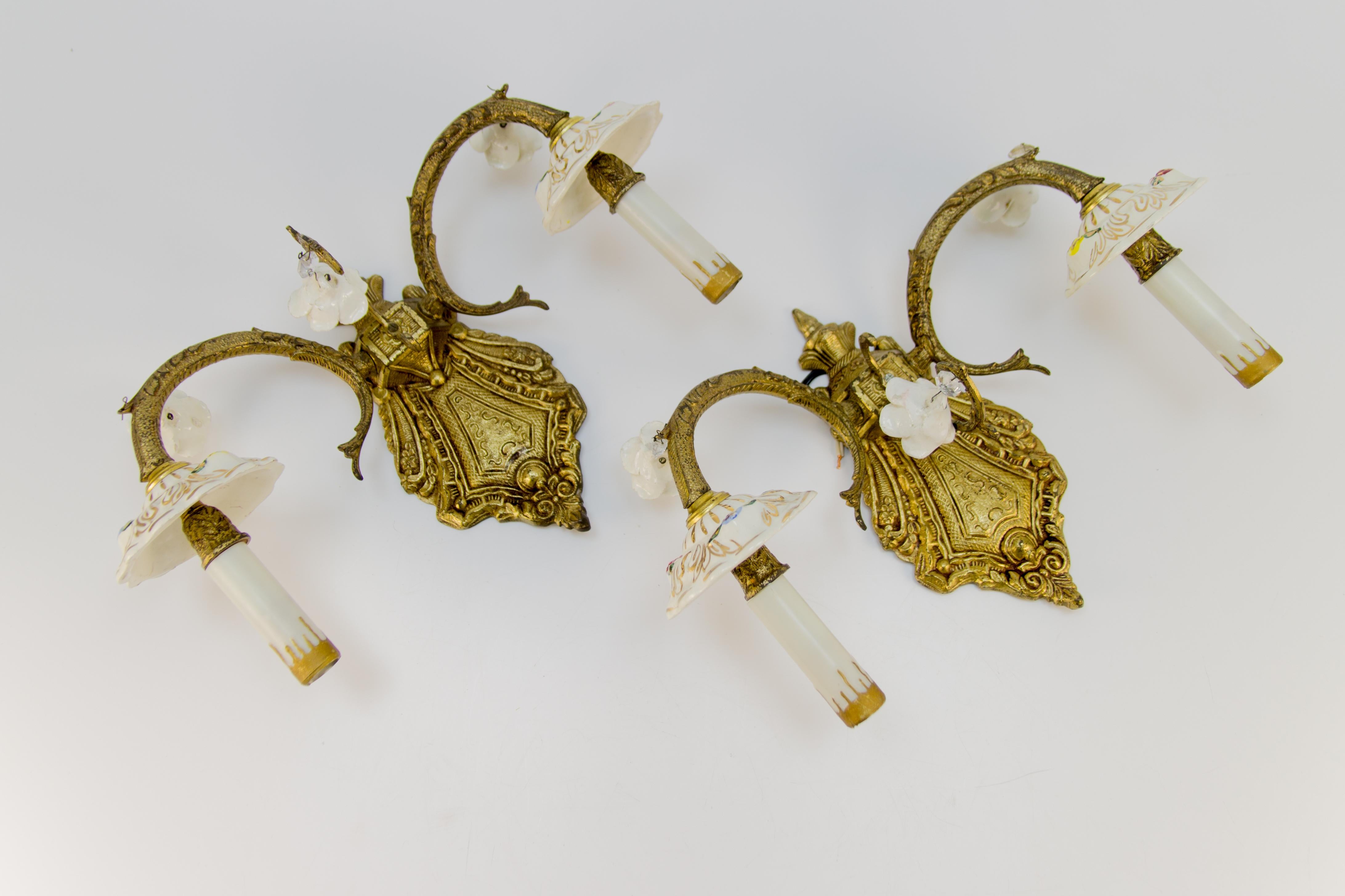 Pair of Italian Two-Light Bronze and Porcelain Floral Sconces 10