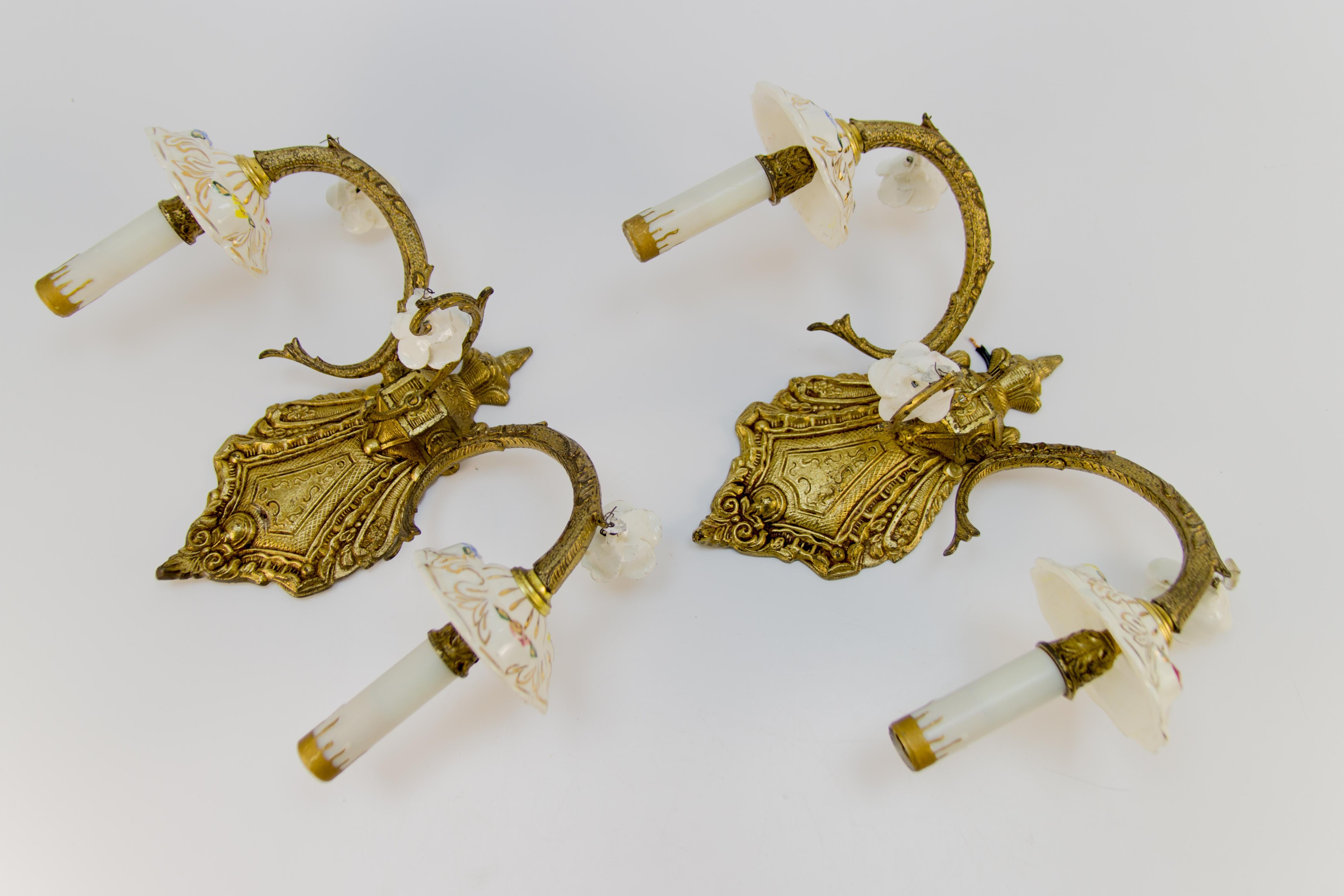 Pair of Italian Two-Light Bronze and Porcelain Floral Sconces 11